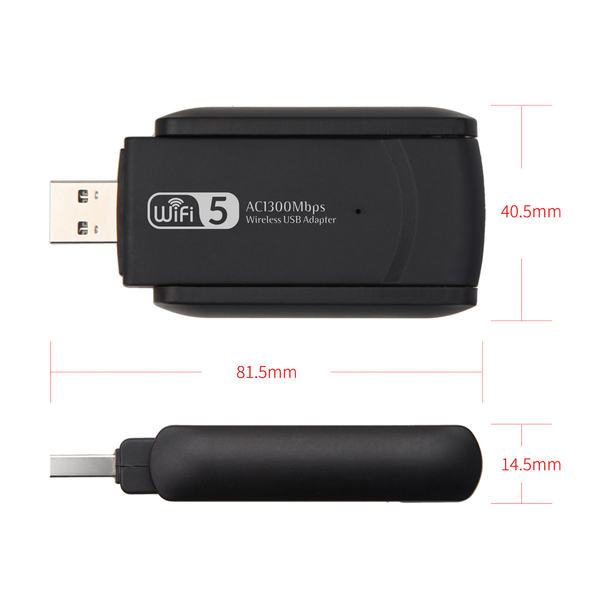 Ein schwarzer WLAN-USB-Adapter mit Abmessungen. Es steht Wifi 5 und AC1300Mbit/s drauf.