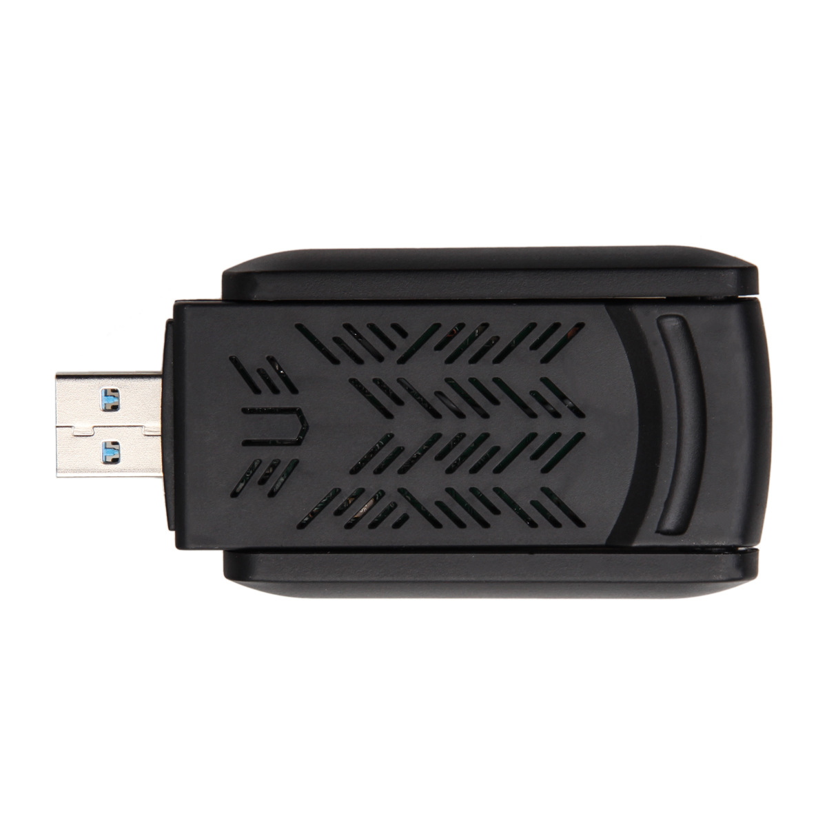 Ein schwarzer USB-Dongle mit einem USB-Anschluss. Der Dongle hat ein Muster darauf.
