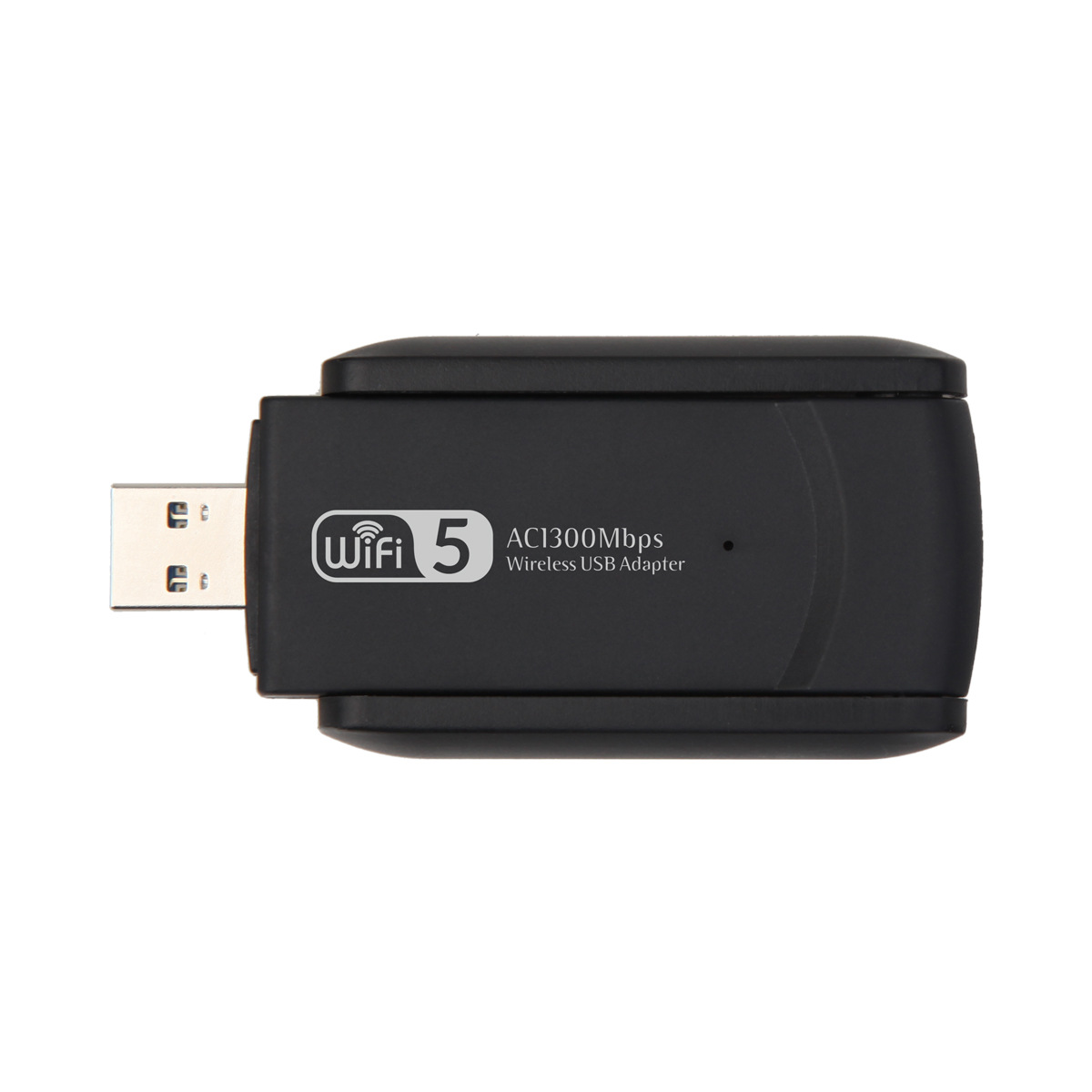 Schwarzer USB-WLAN-Adapter. Weißer Hintergrund. WiFi 5 Logo.