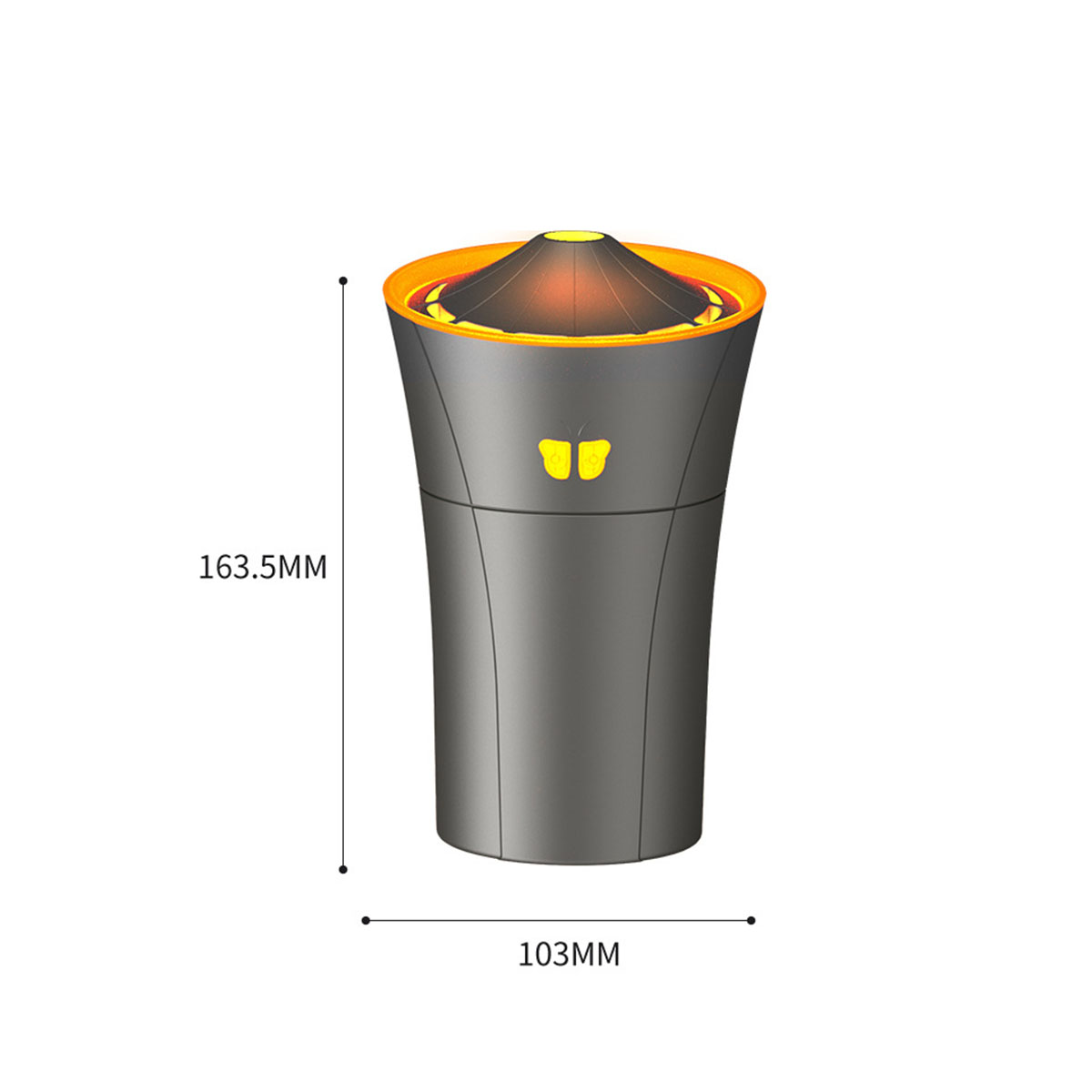 Graues Gerät mit orangefarbener Oberseite und gelbem Schmetterlinglogo.