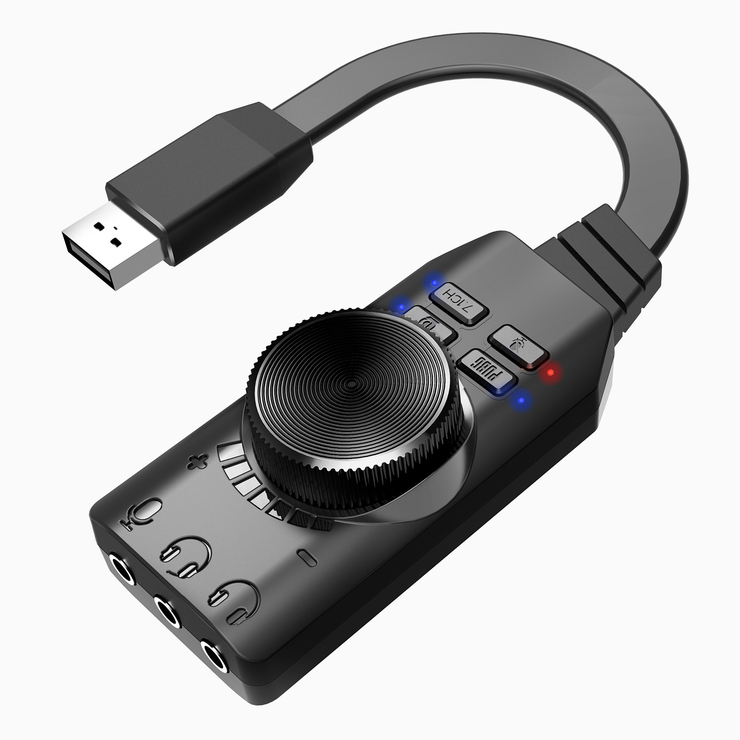 Schwarzer USB-Audioadapter mit mehreren Anschlüssen und Lautstärkeregler.