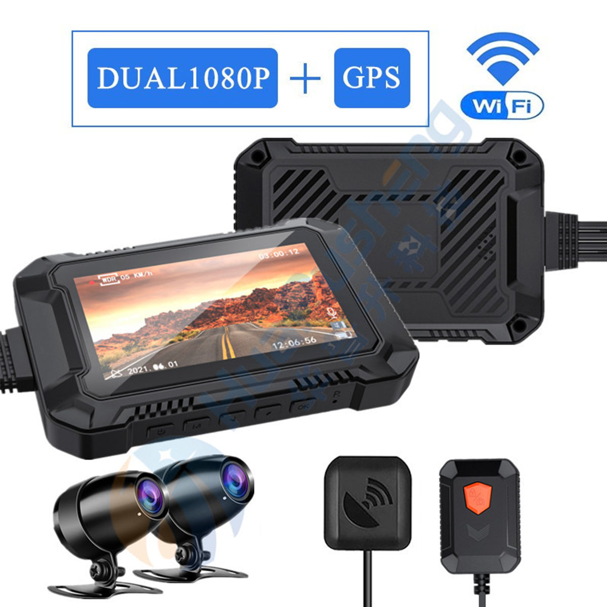 Schwarze Dashcam mit Dual-Kamera, GPS und WLAN. Zeigt Zeit, Datum und Geschwindigkeit an.
