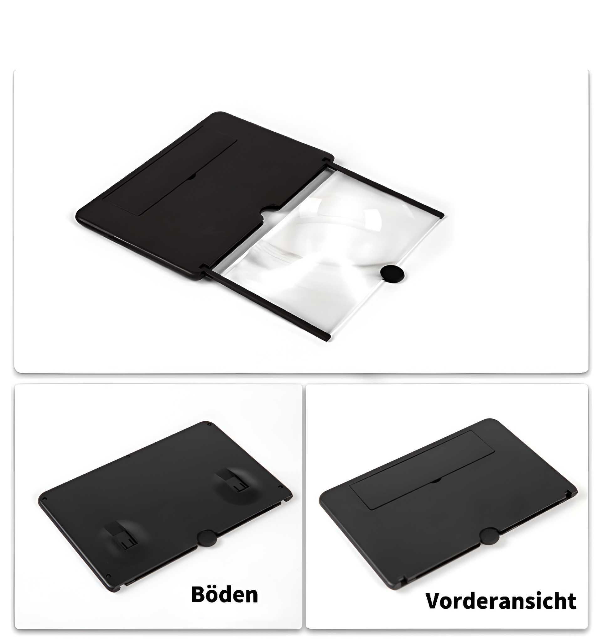 Schwarzes Vergrößerungsblatt in einem schwarzen Etui, geöffnet. Zwei weitere Ansichten des geschlossenen Etuis.