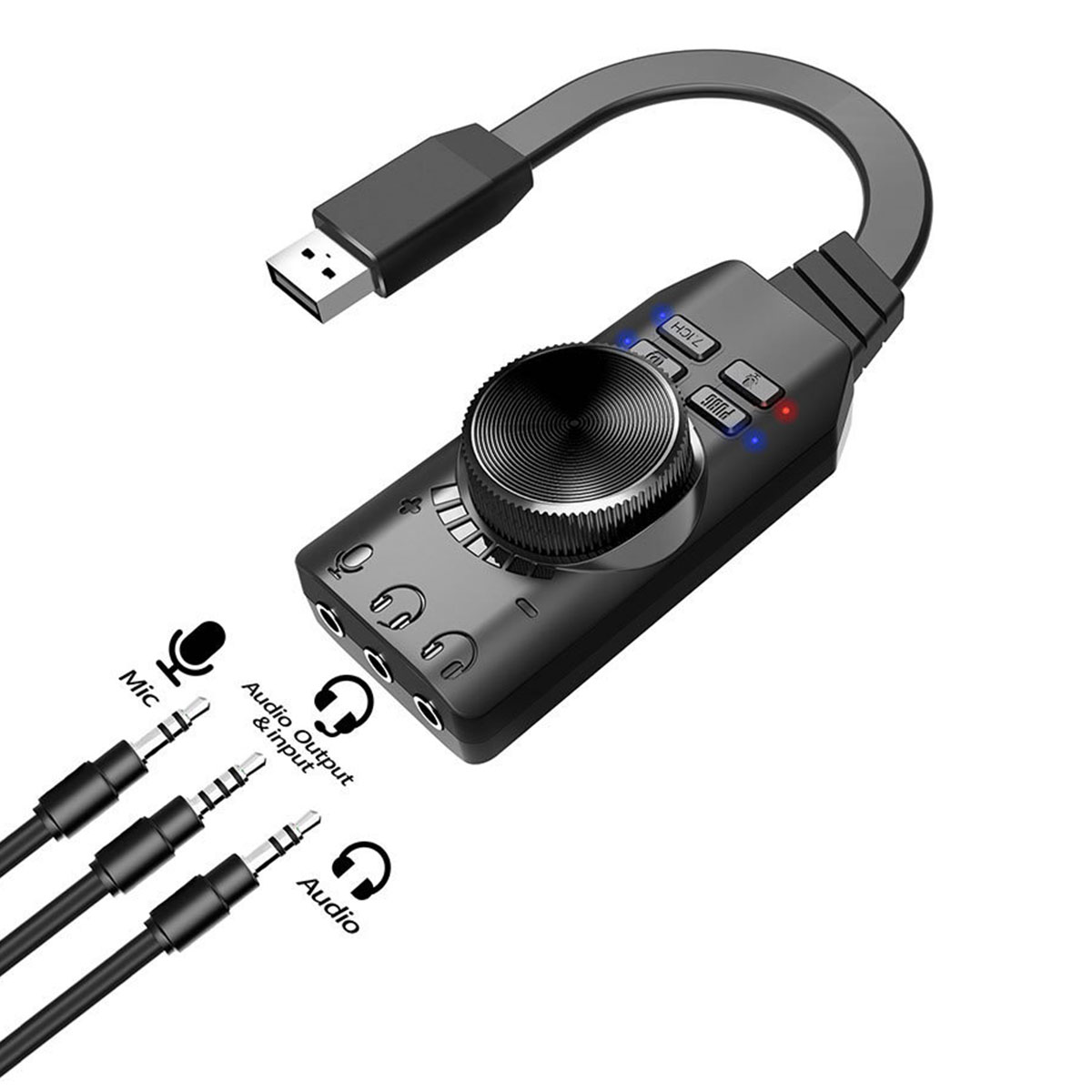 Schwarzes Audio-Interface mit Mikrofon-, Audio-Ein-/Ausgang und USB-Anschlüssen.