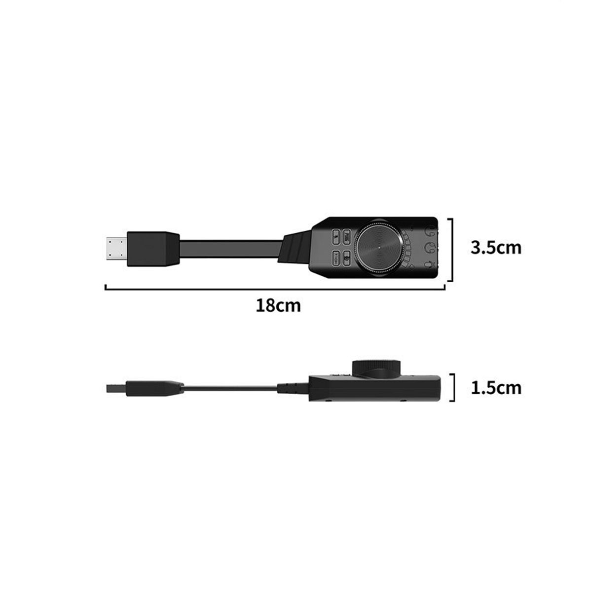 Ein schwarzes Gerät mit Drehregler und Knöpfen, verbunden über ein USB-Kabel. Die Abmessungen sind angegeben. Weißer Hintergrund.