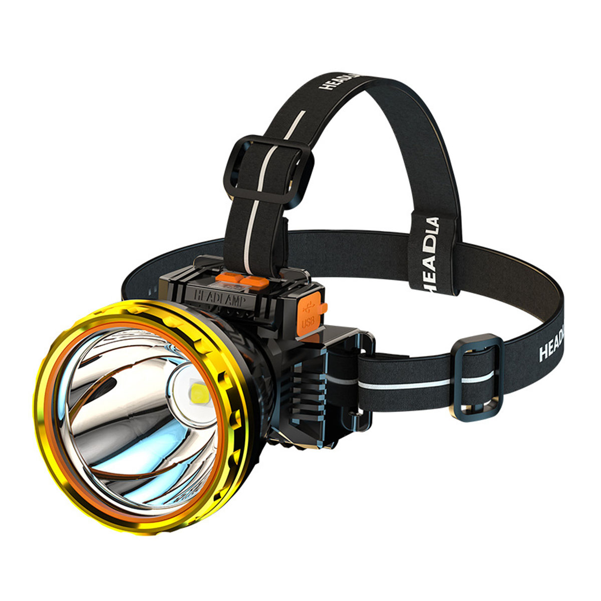 Eine Stirnlampe. Schwarzer Riemen, orangefarbenes und gelbes Lichtgehäuse mit USB-Anschluss.