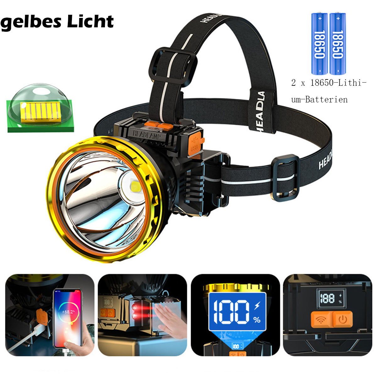 Stirnlampe mit gelbem Licht, Batterie und verschiedenen Anzeigesymbolen.