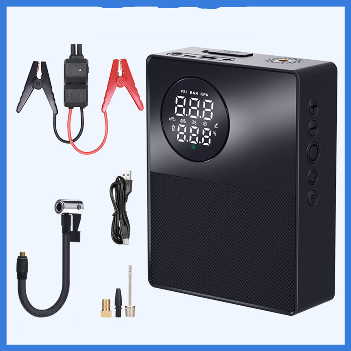 Schwarzer Autoreifenfüller mit Zubehör. Enthält Klemmen, Düse, USB-Kabel und Digitalanzeige.