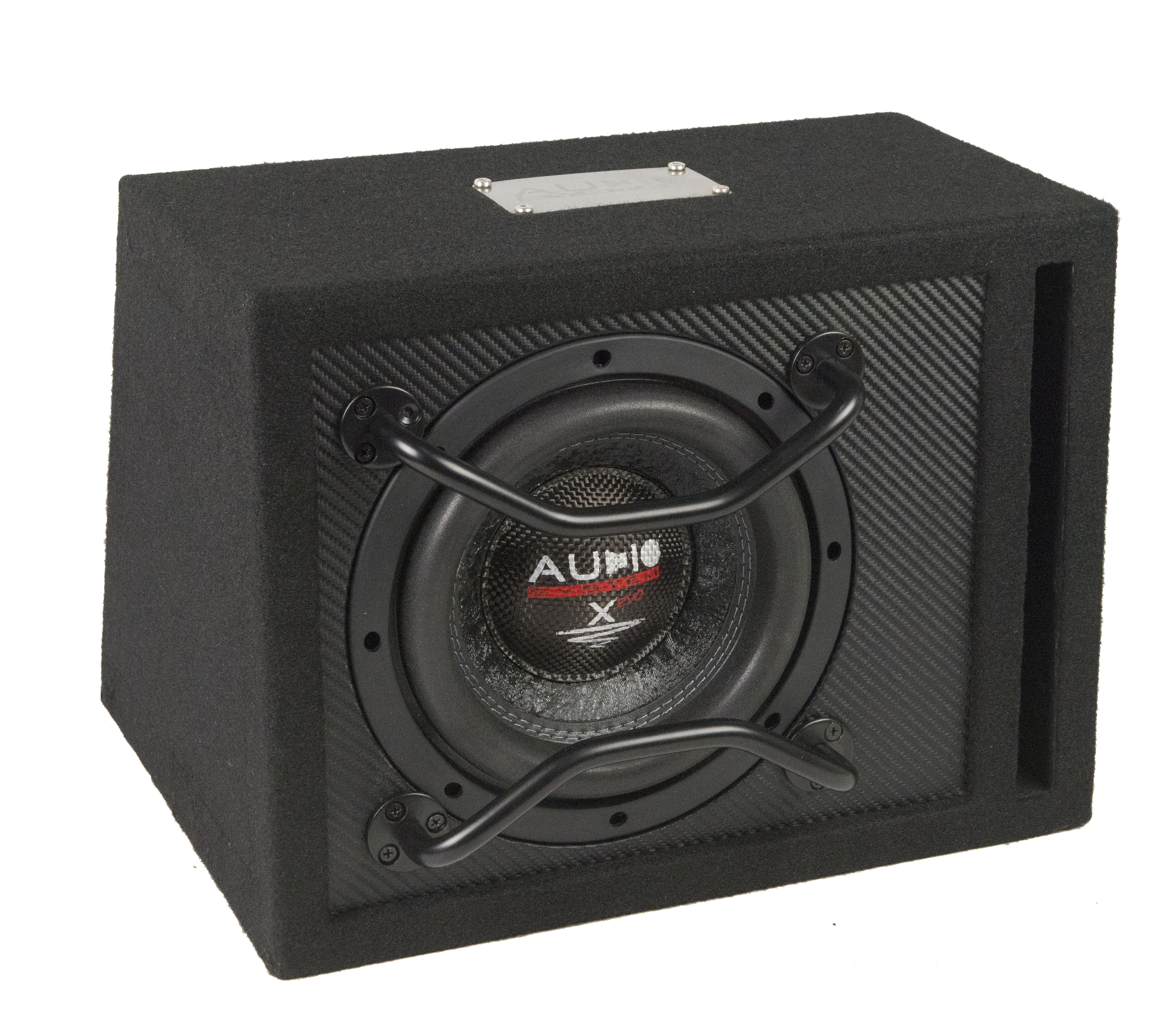 Ein schwarzer Subwoofer mit Gitter. Der Hintergrund ist weiß.
