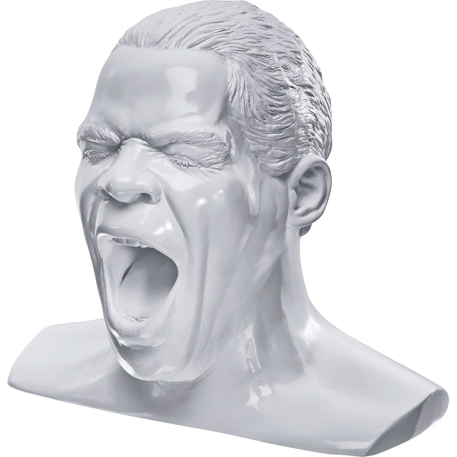 Weiße Büstenskulptur eines schreienden Mannes mit offenem Mund.