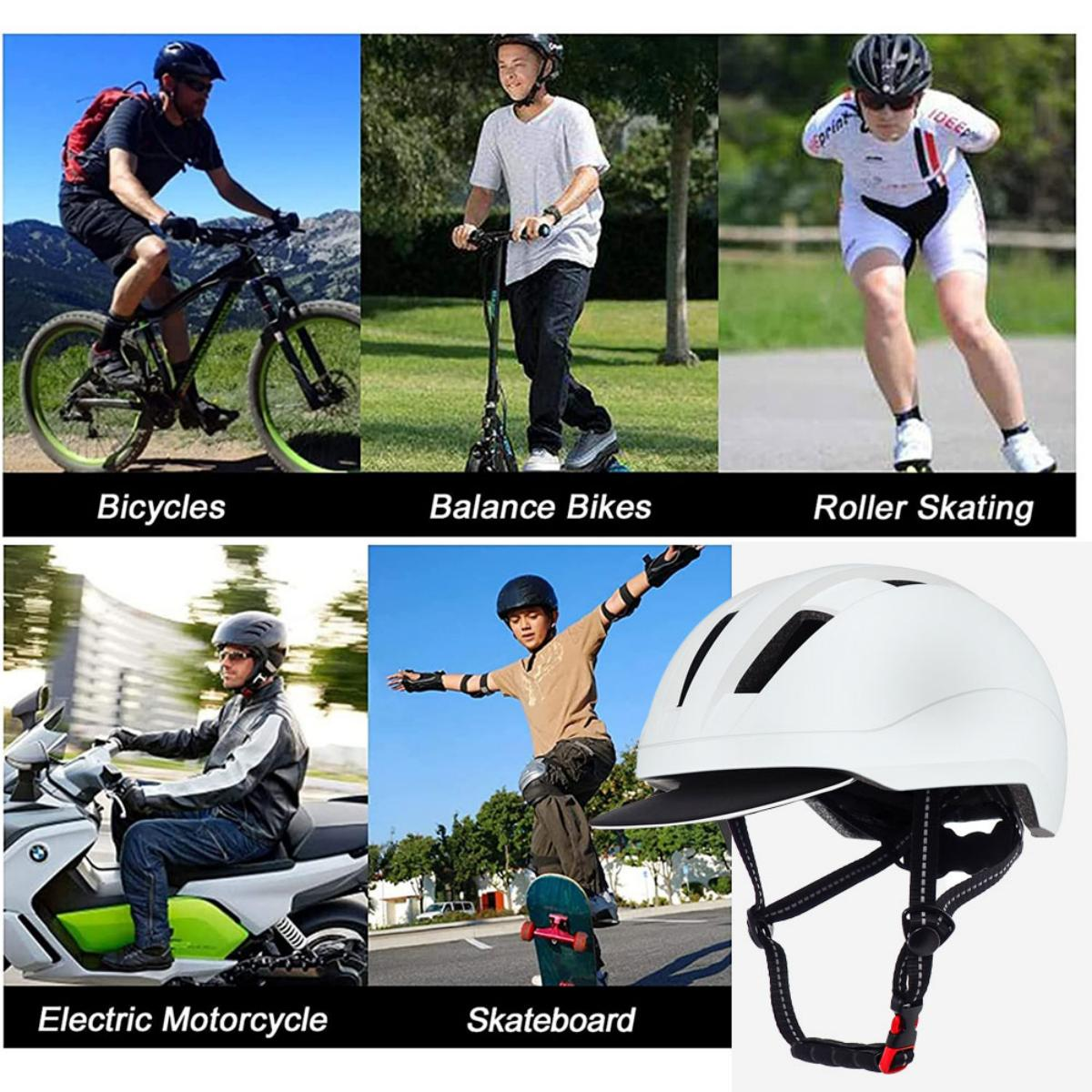 Personen bei verschiedenen Aktivitäten: Radfahren, Skateboarden, Inlineskaten, Rollerfahren, Motorrad.