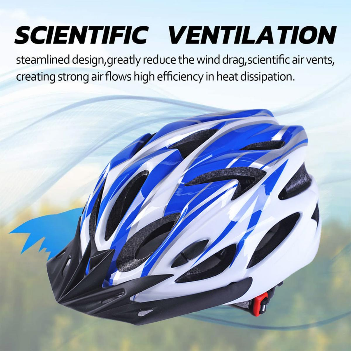 Blau-weißer Fahrradhelm mit Belüftungsöffnungen. Text sagt: 'Wissenschaftliche Belüftung'.