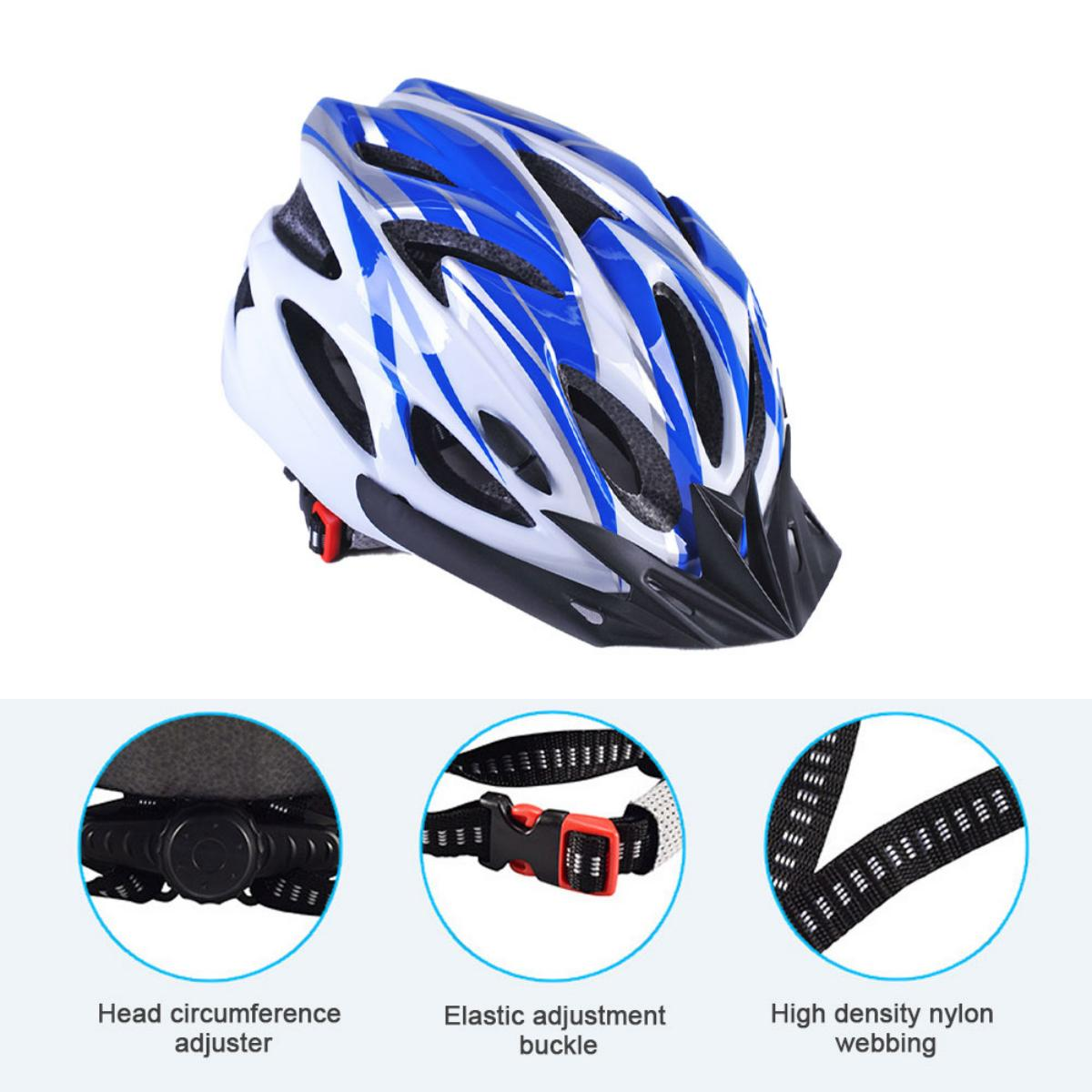 Ein weiß-blauer Fahrradhelm. Details des Verstellers, der Schnalle und des Gurtbands sind gezeigt. Weißer Hintergrund.