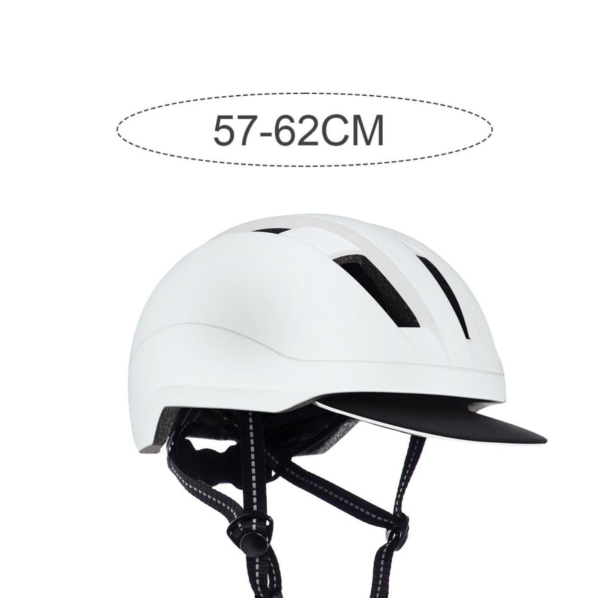 Weißer Fahrradhelm mit schwarzem Visier. Text oben: '57-62CM'.