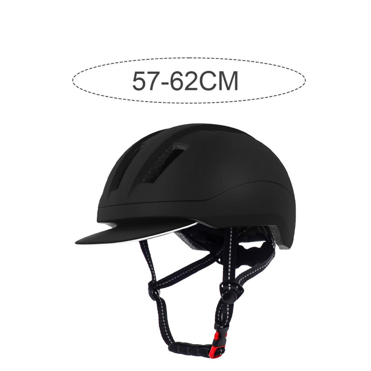 Schwarzer Fahrradhelm mit Visier und verstellbaren Riemen. Größe ist 57-62CM.