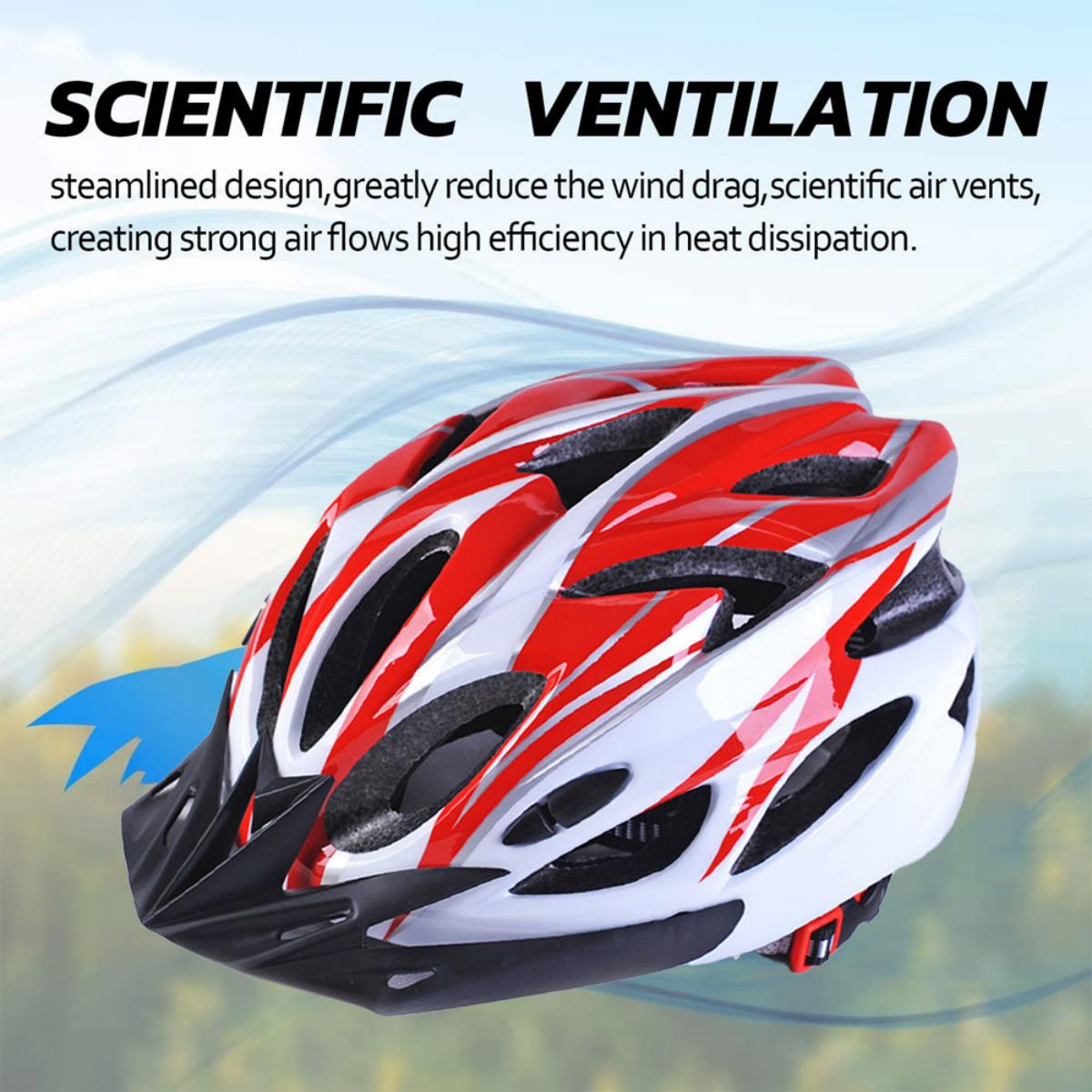 Ein rot-weiß-schwarzer Fahrradhelm mit Luftschlitzen und Text zur Belüftung.