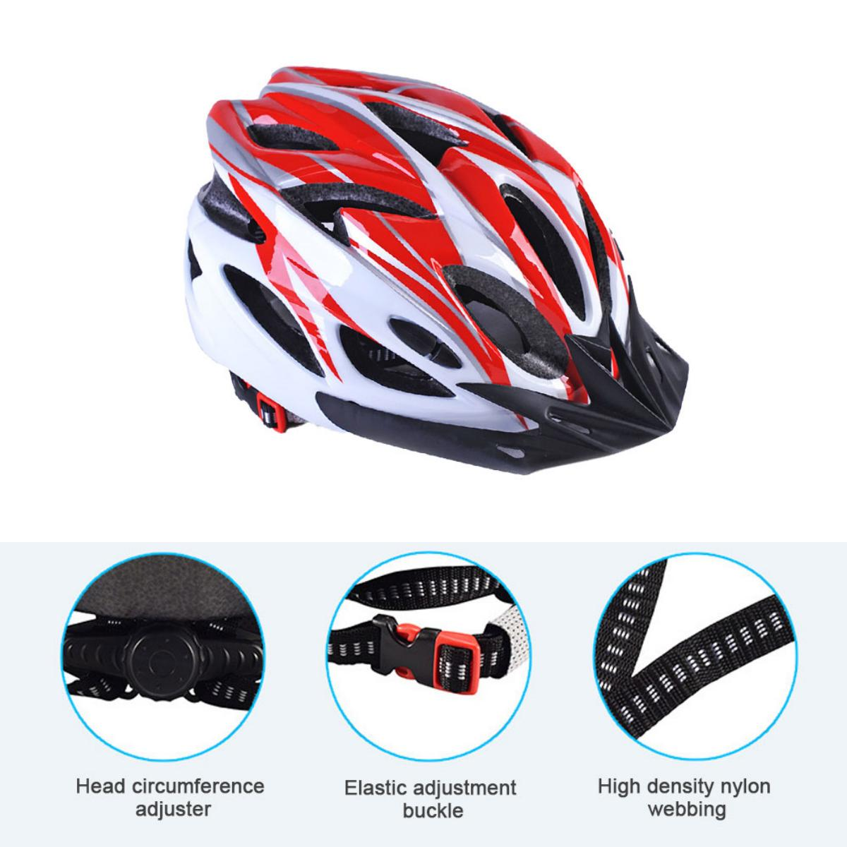 Ein weiß-roter Fahrradhelm mit Einstellungsdetails und Nylongewebe.