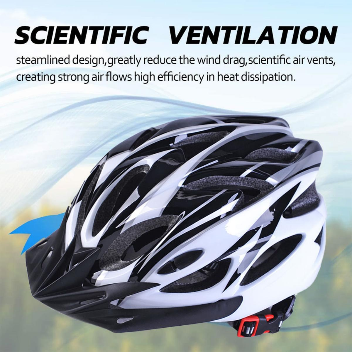 Schwarz-weißer Fahrradhelm mit Text über Belüftung und Design.