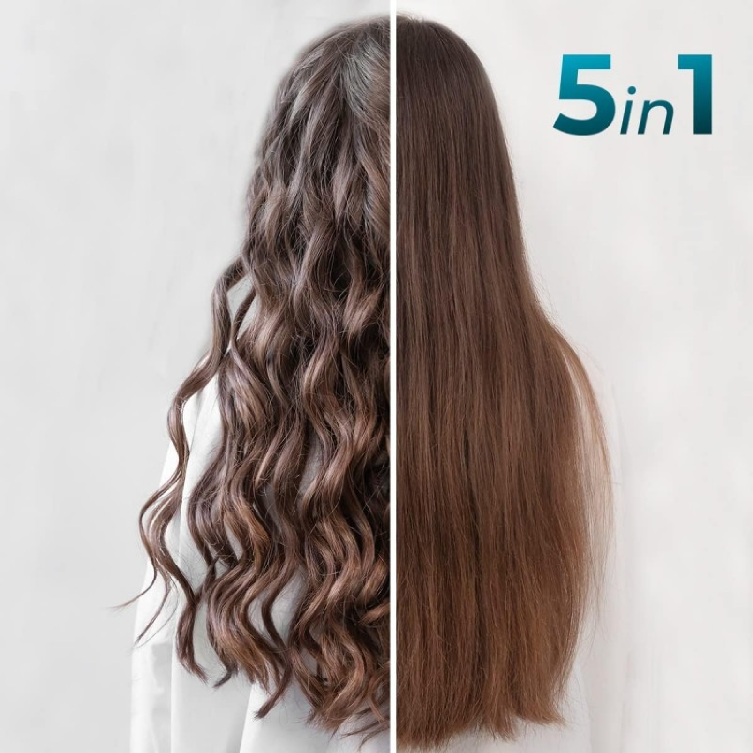 El cabello de una mujer muestra efectos de antes y después. Un lado es ondulado, el otro liso. Texto: 5 en 1.