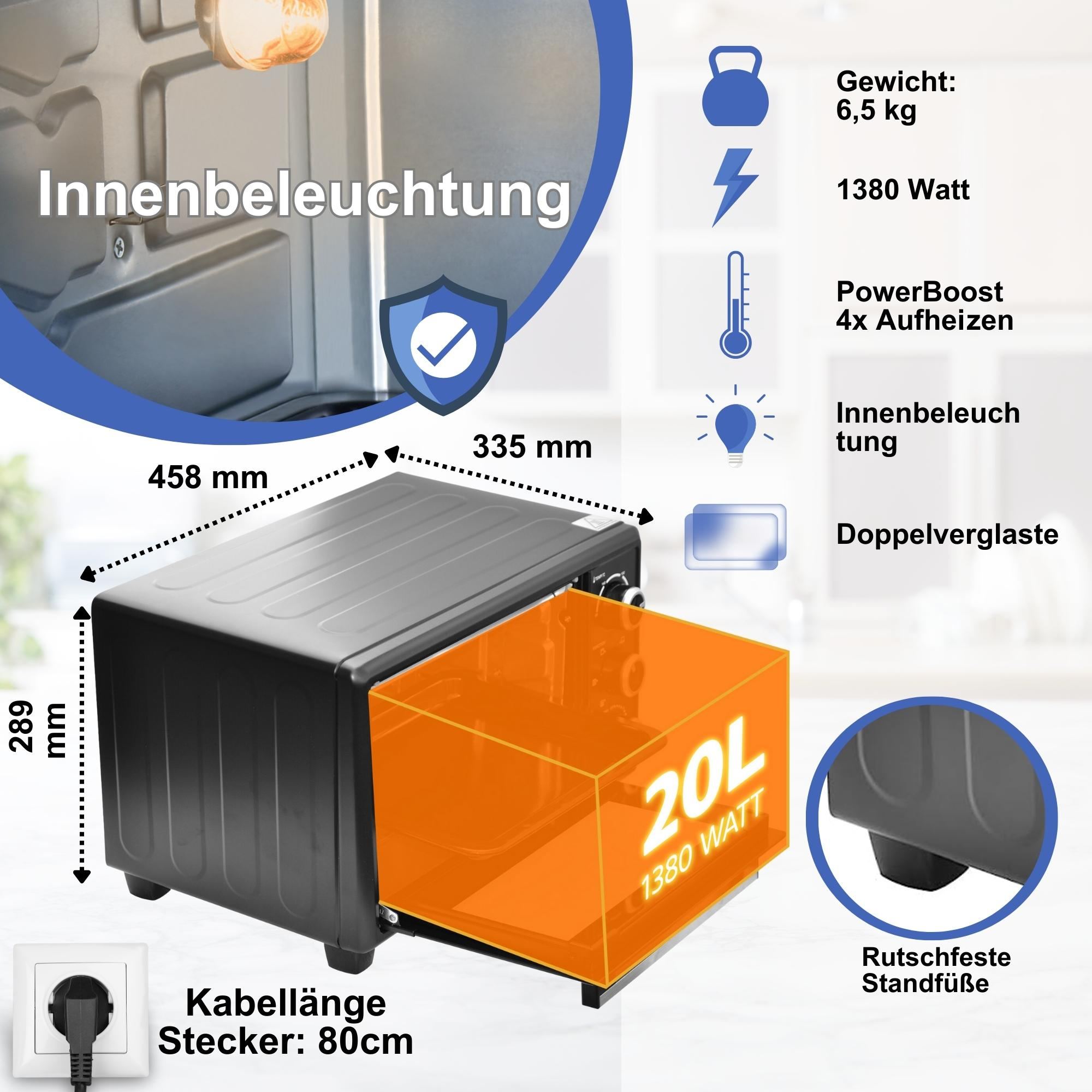 90-230°C Timer, 60 20 HAUSHALTSGERÄTE OPTIMUMX Kochfunktionen, Backofen Mini Liter, 6 min.