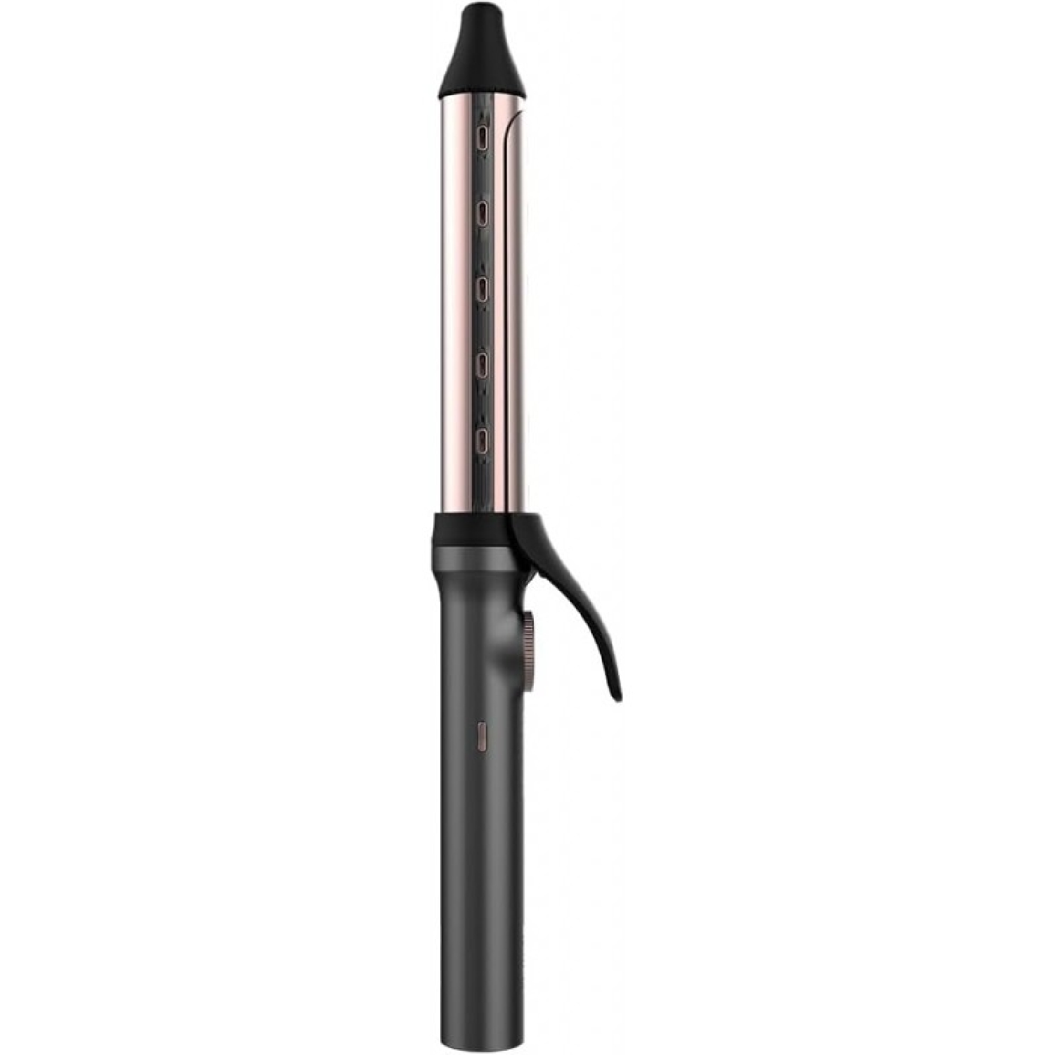 Arricciacapelli nero e oro rosa. Vista verticale. Isolato su sfondo bianco. Strumento per lo styling professionale.