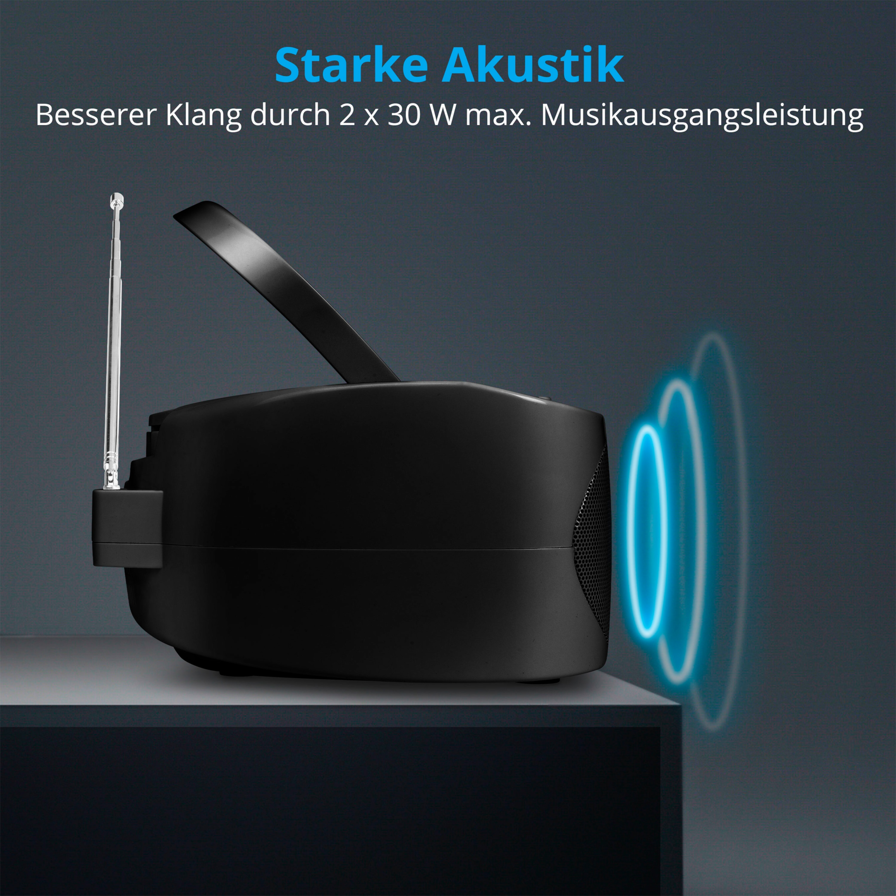 Schwarzes Stereoradio, Seitenansicht. Blaue Schallwellen-Grafik. Grauer Hintergrund.