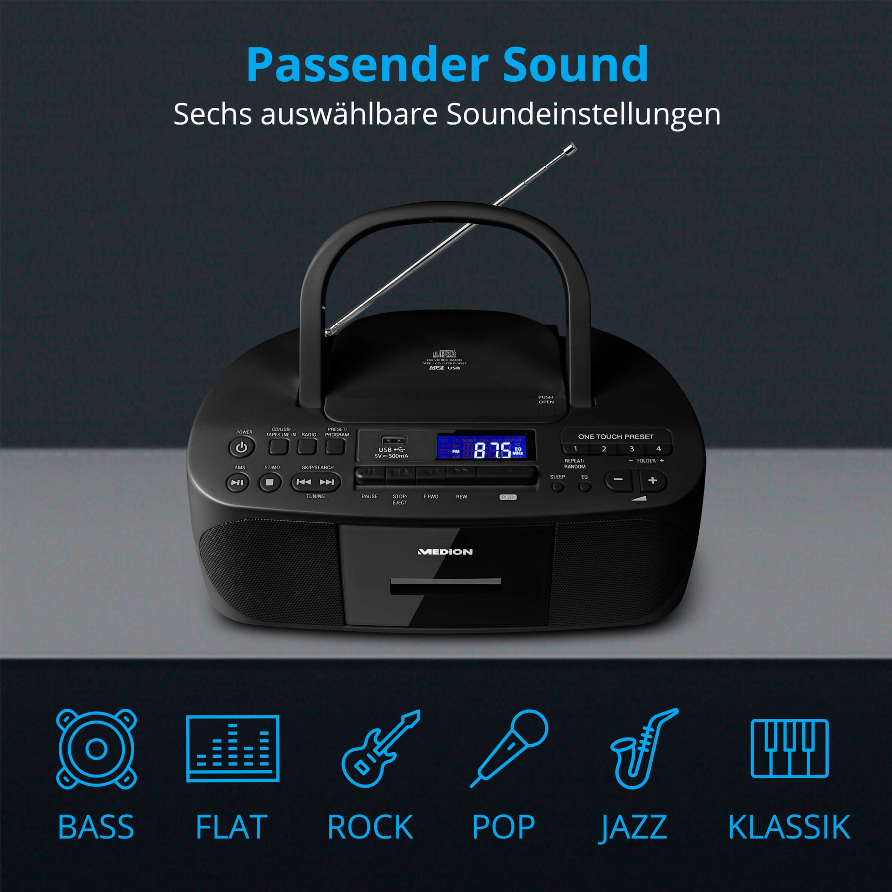 Schwarzes Stereoradio. Toneinstellungssymbole unten. Dunkler Hintergrund.