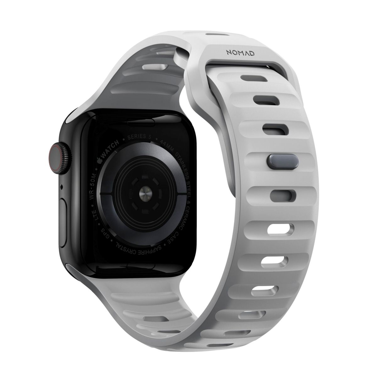 Weiße und graue Apple Watch mit Sportarmband. Der Uhrenbildschirm ist schwarz.