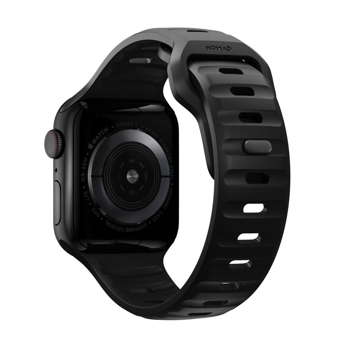 Czarny Apple Watch z czarnym paskiem, pokazujący tył zegarka, na białym tle.