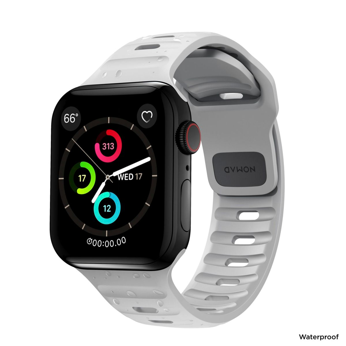 Schwarz-weiße Smartwatch mit grauem Armband. Der Bildschirm zeigt Zeit und Gesundheitsdaten.