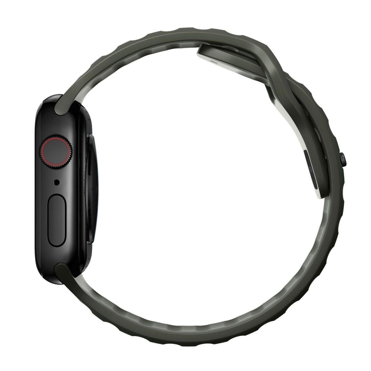 Schwarze Apple Watch mit olivgrünem Armband. Seitenansicht. Die Uhr ist kreisförmig und hat einen roten Knopf.