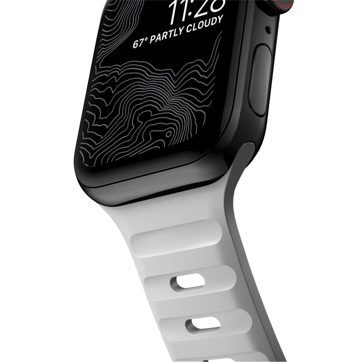 Nahaufnahme der Apple Watch mit weißem Armband, Zeit und Wetter.