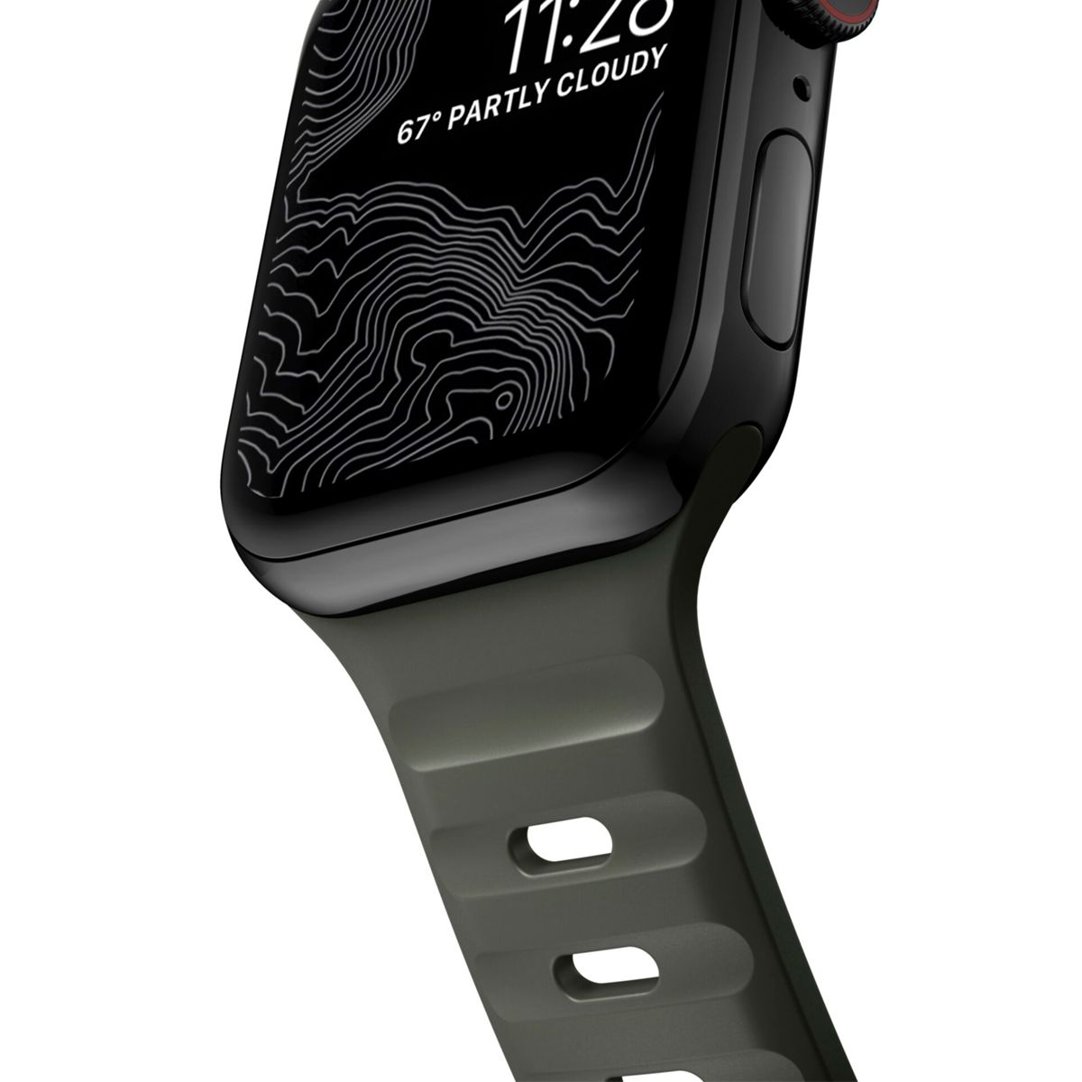 Nahaufnahme der Apple Watch mit dunkelgrünem Armband, die eine Karte und die Uhrzeit zeigt.