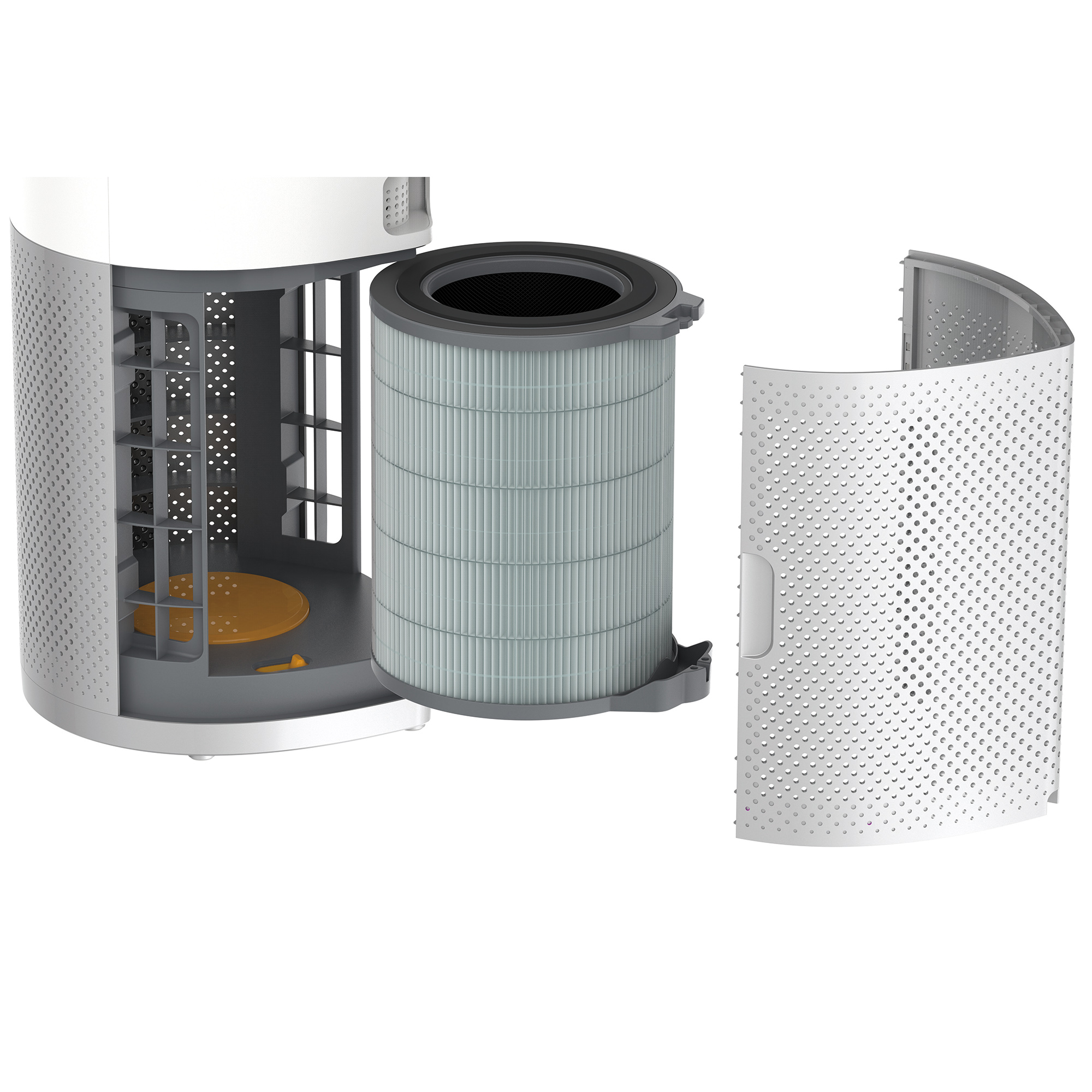 Purificatore d'aria smontato. Filtro visibile. Esterno bianco con dettagli grigi e gialli.