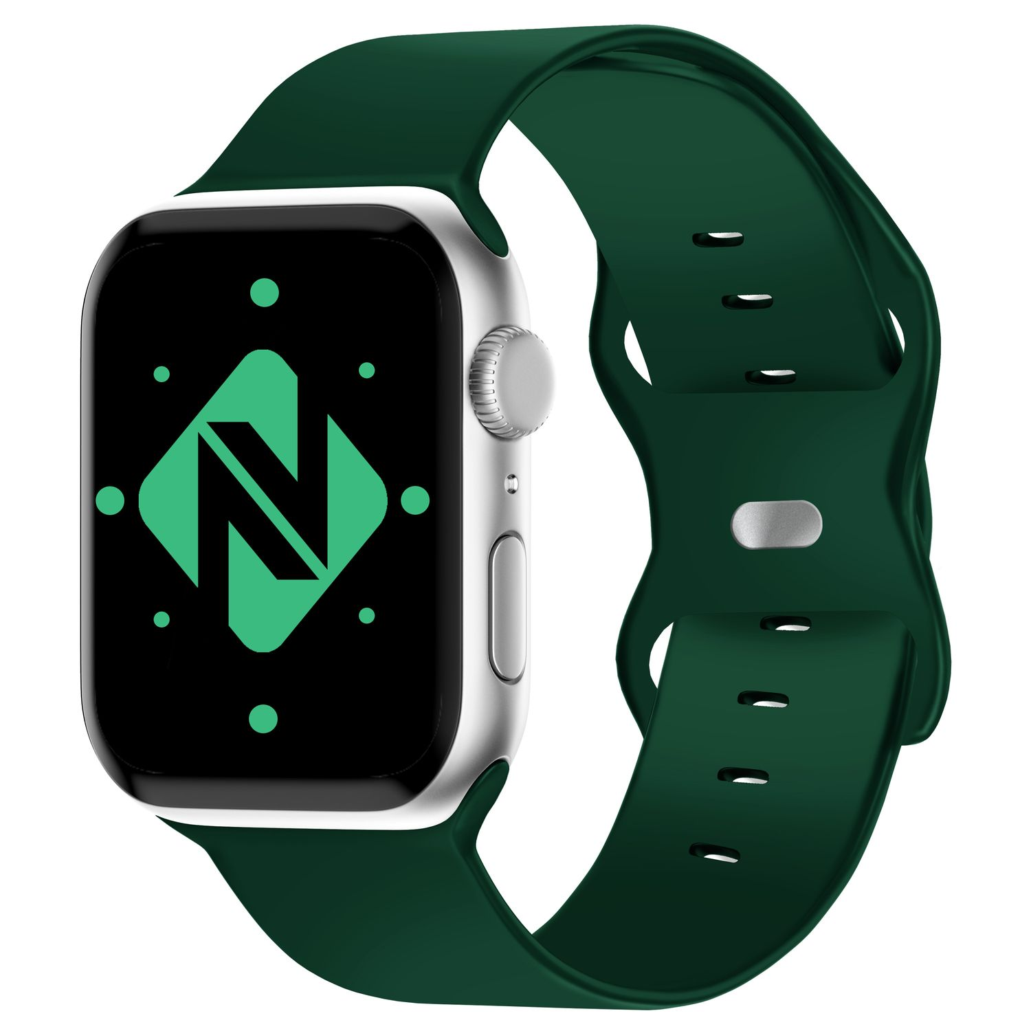 Smartwatch mit grünem Armband. Zifferblatt zeigt grünes Logo auf schwarzem Grund.