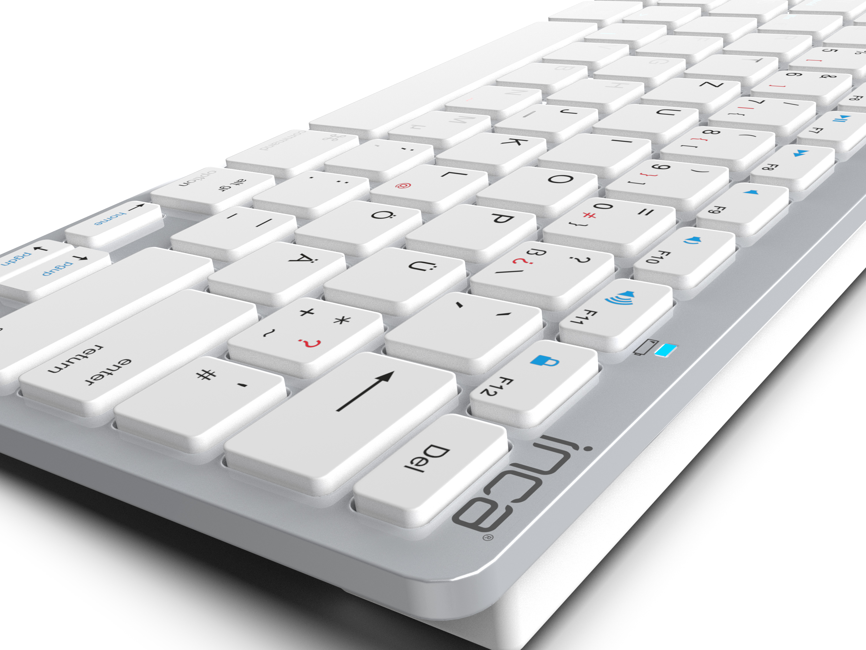 Zbliżenie białej klawiatury z białymi klawiszami. Klawiatura ma minimalistyczny design.