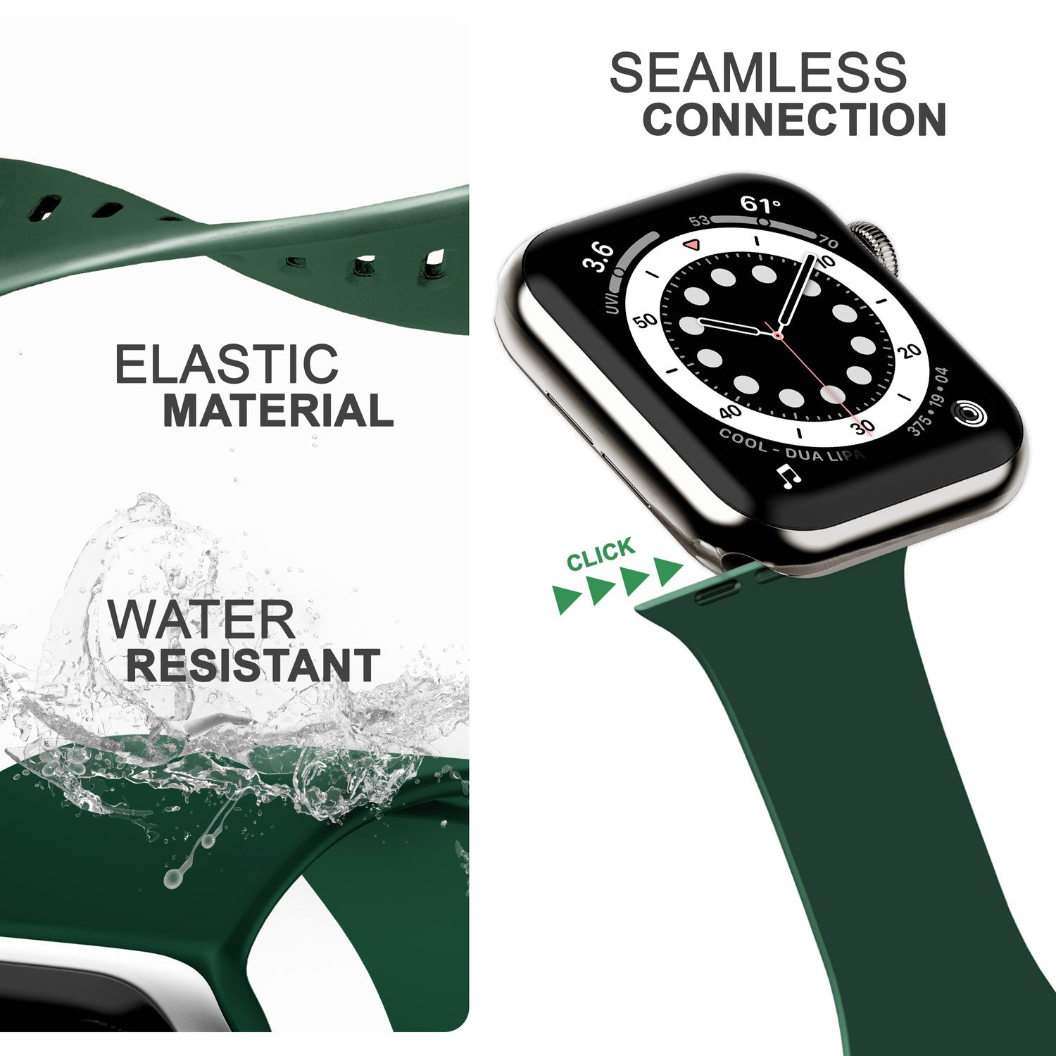 Grünes Uhrenarmband, das elastisches Material und Wasserbeständigkeit zeigt.