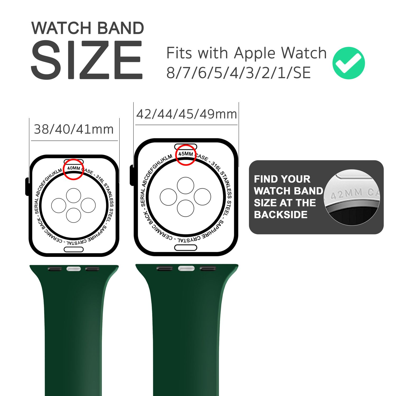 Diagramm mit Apple Watch-Armbandgrößen. Enthält Zeichnungen von Uhren und grünen Armbändern. Weißer Hintergrund.
