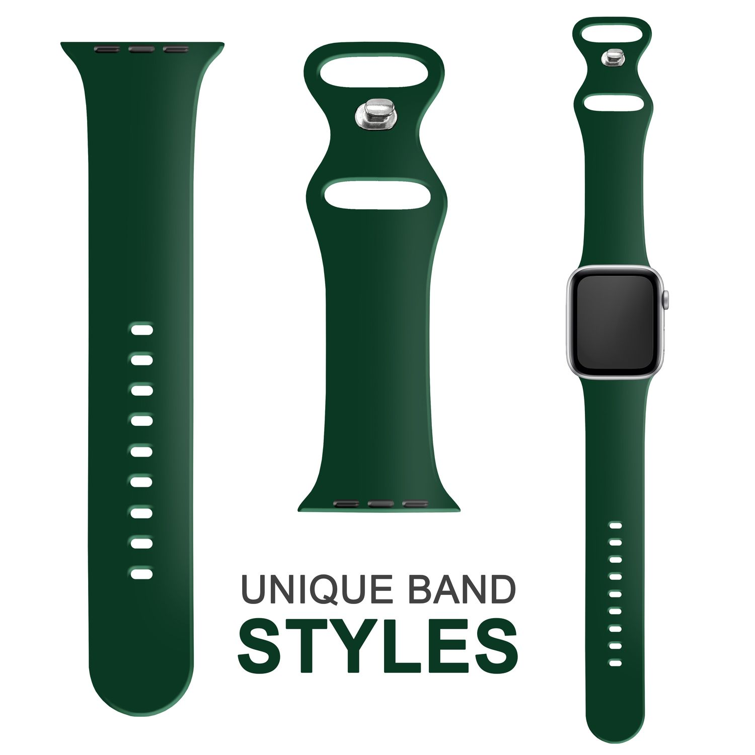 Grünes Uhrenarmband mit drei gezeigten Stilen. Das Band links hat Löcher. Das mittlere Band hat einen Metallverschluss.