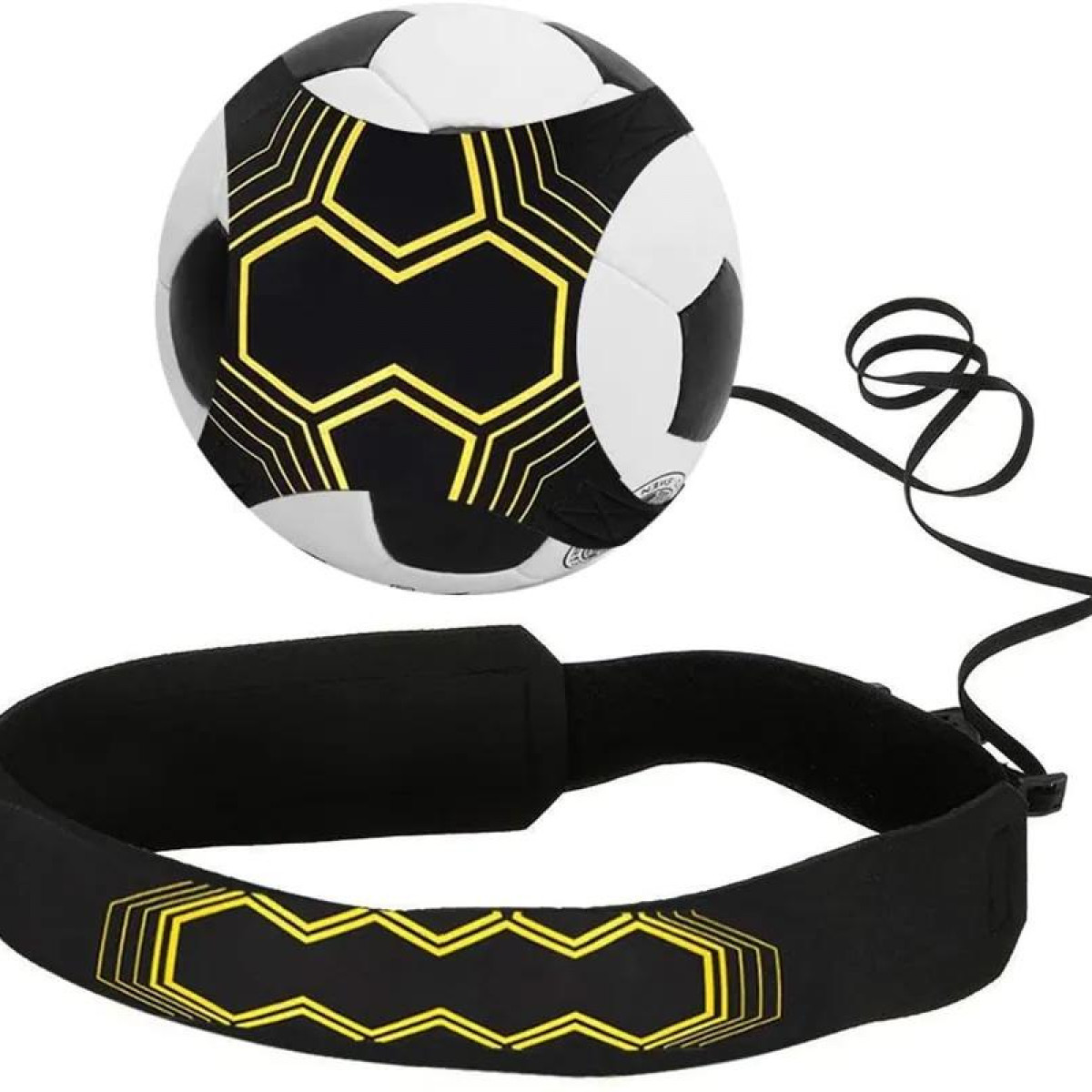 Pallone da calcio con un motivo nero e giallo, collegato a una fascia nera per l'allenamento.