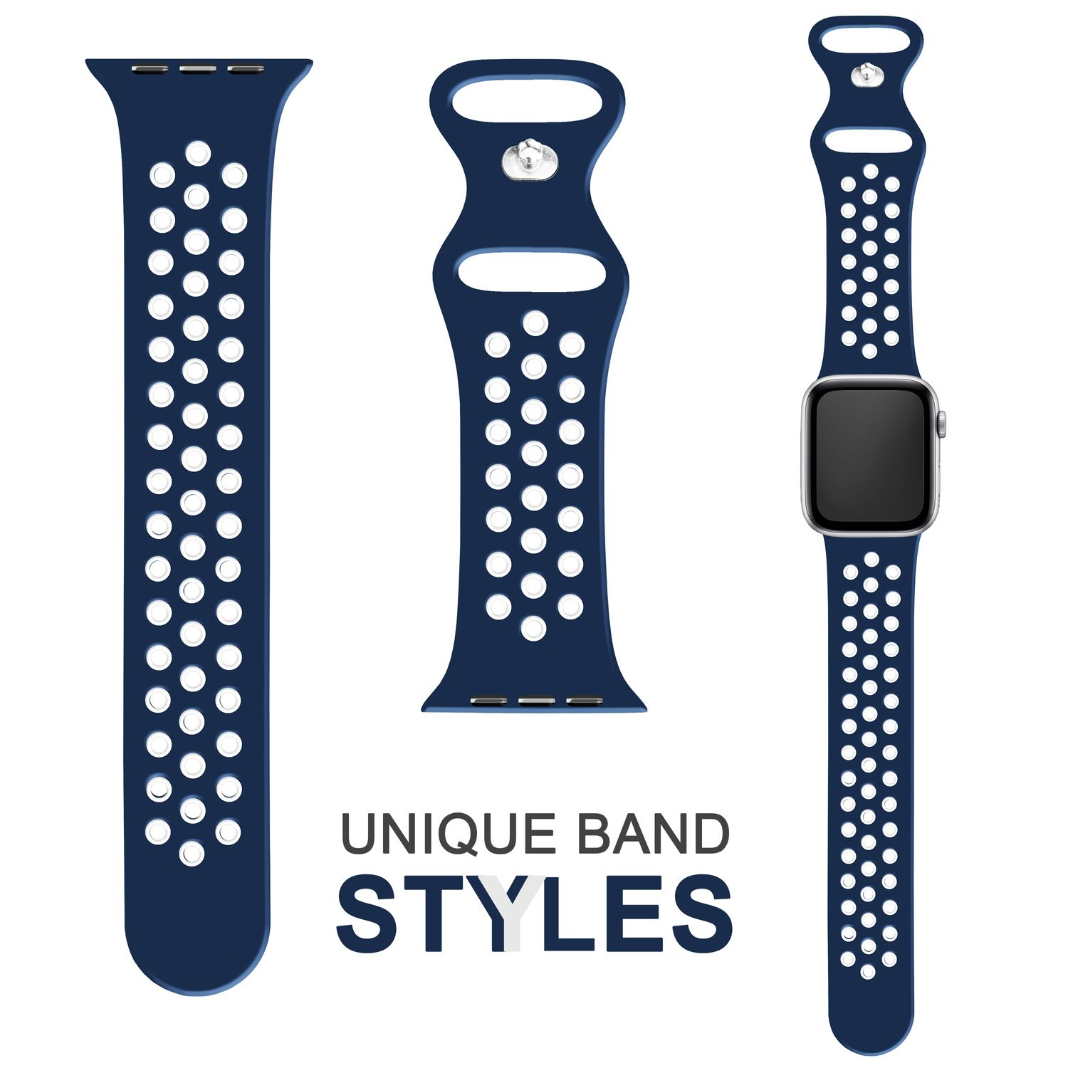 Marineblaues Uhrenarmband mit perforierten Löchern.