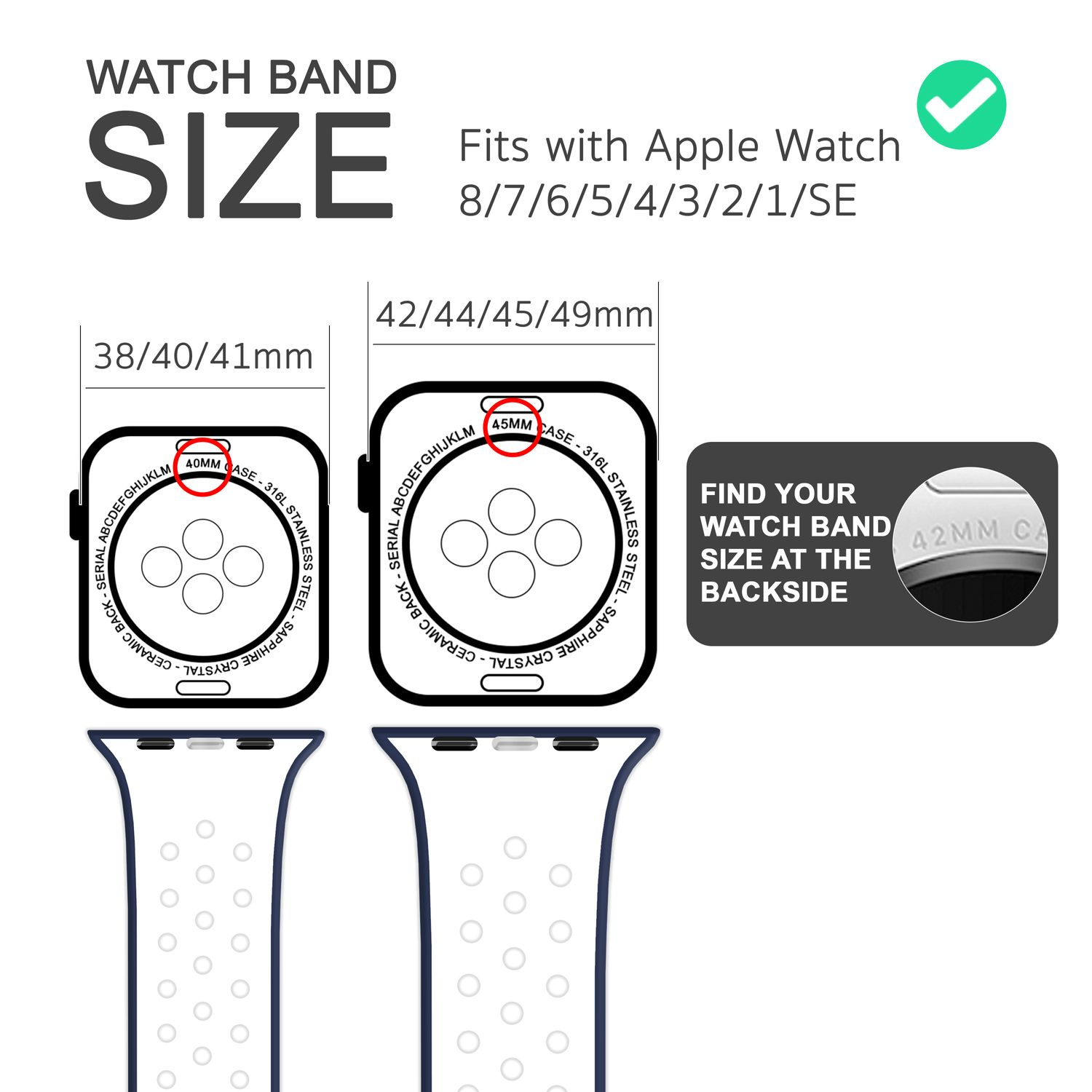 Diagramm von Apple Watch-Armbändern mit Größenangaben und Text: 'Passend für Apple Watch'.