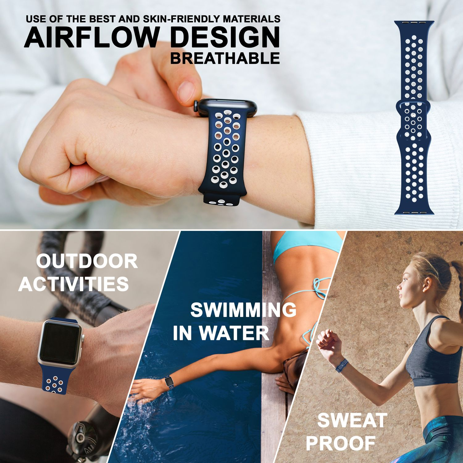 Eine Person trägt ein blaues Smartwatch-Armband. Es wird bei verschiedenen Aktivitäten gezeigt.