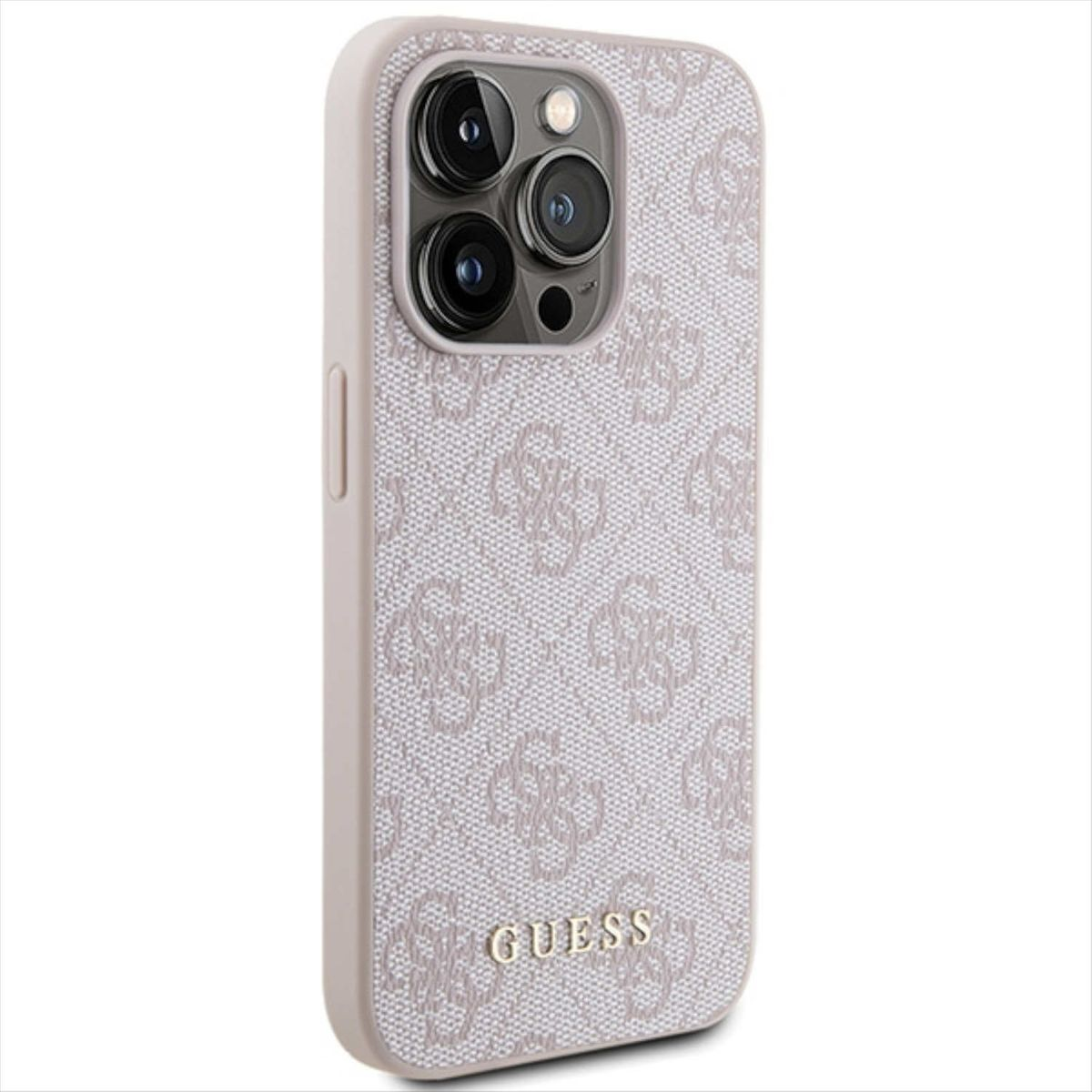 GUESS 4G Pro, Design Apple, Hülle, iPhone Backcover, 15 Metal Gold Logo Pink