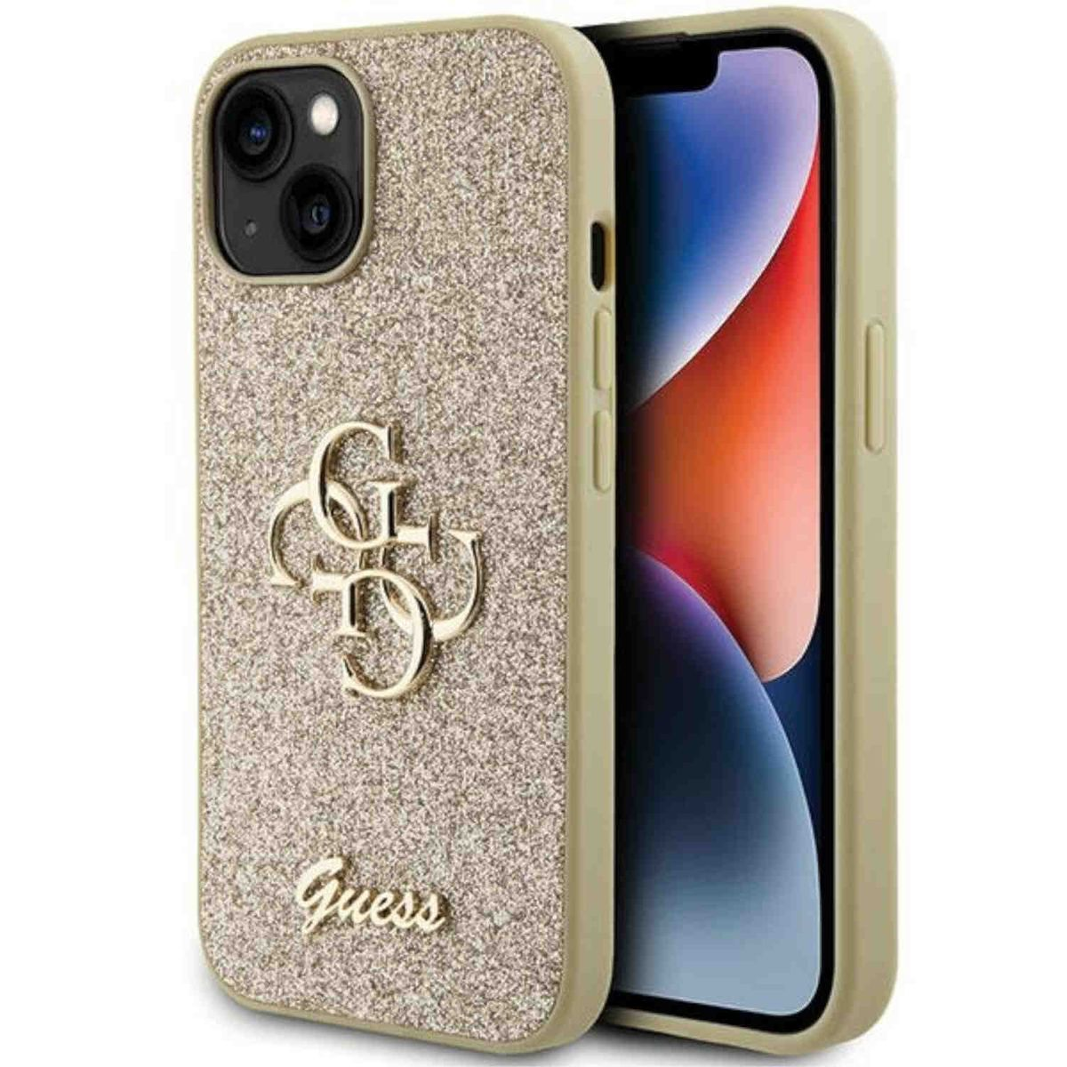 GUESS Glitter Script Big 4G Apple, Gold Design Backcover, Hülle, Plus, iPhone 15