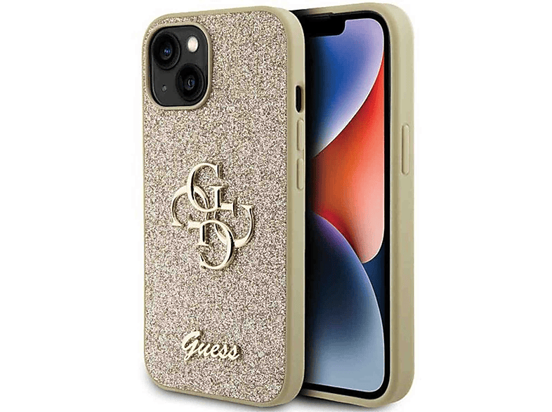 Gold 15 Plus, Glitter iPhone GUESS Hülle, Big Apple, 4G Design Script Backcover,