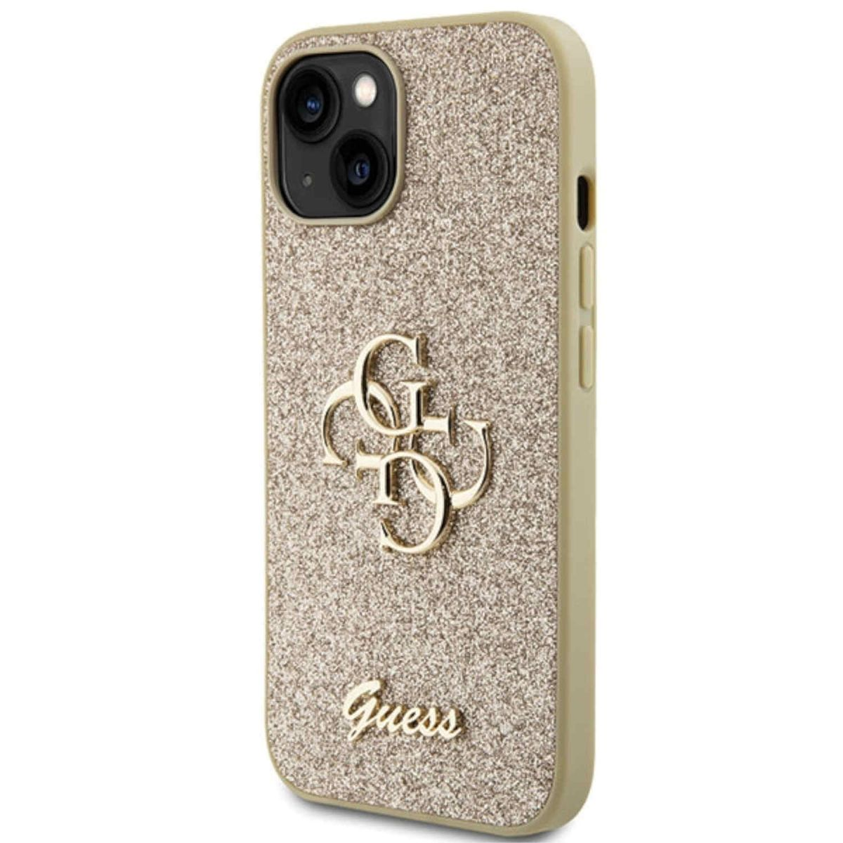 GUESS Glitter Script Big 4G Apple, Gold Design Backcover, Hülle, Plus, iPhone 15