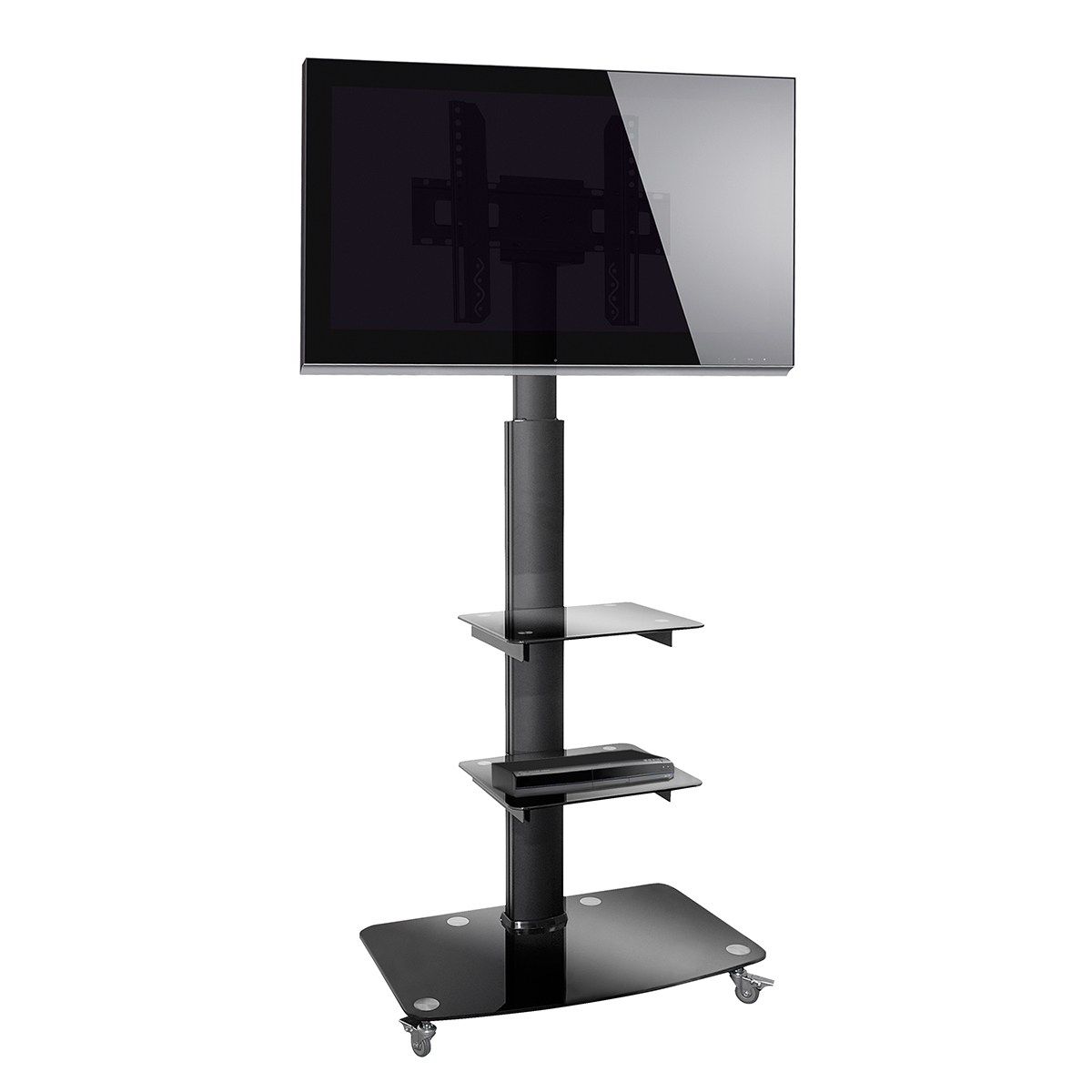 Ein schwarzer TV-Ständer aus Glas mit montiertem Fernseher.