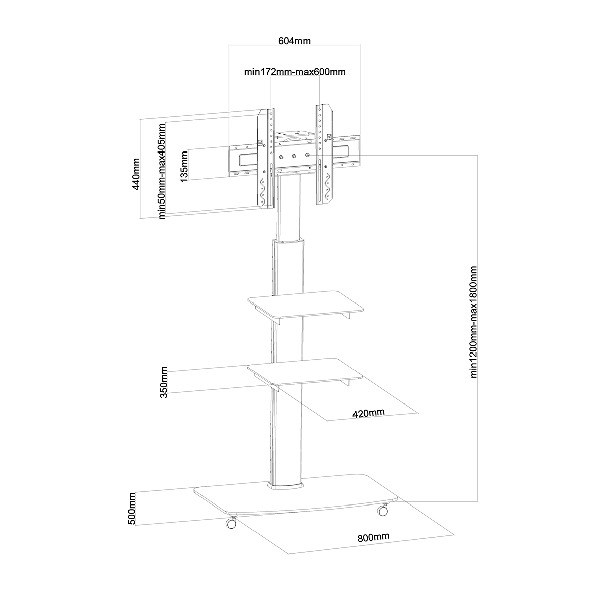 Diagramm eines TV-Ständers mit Abmessungen auf weißem Hintergrund.