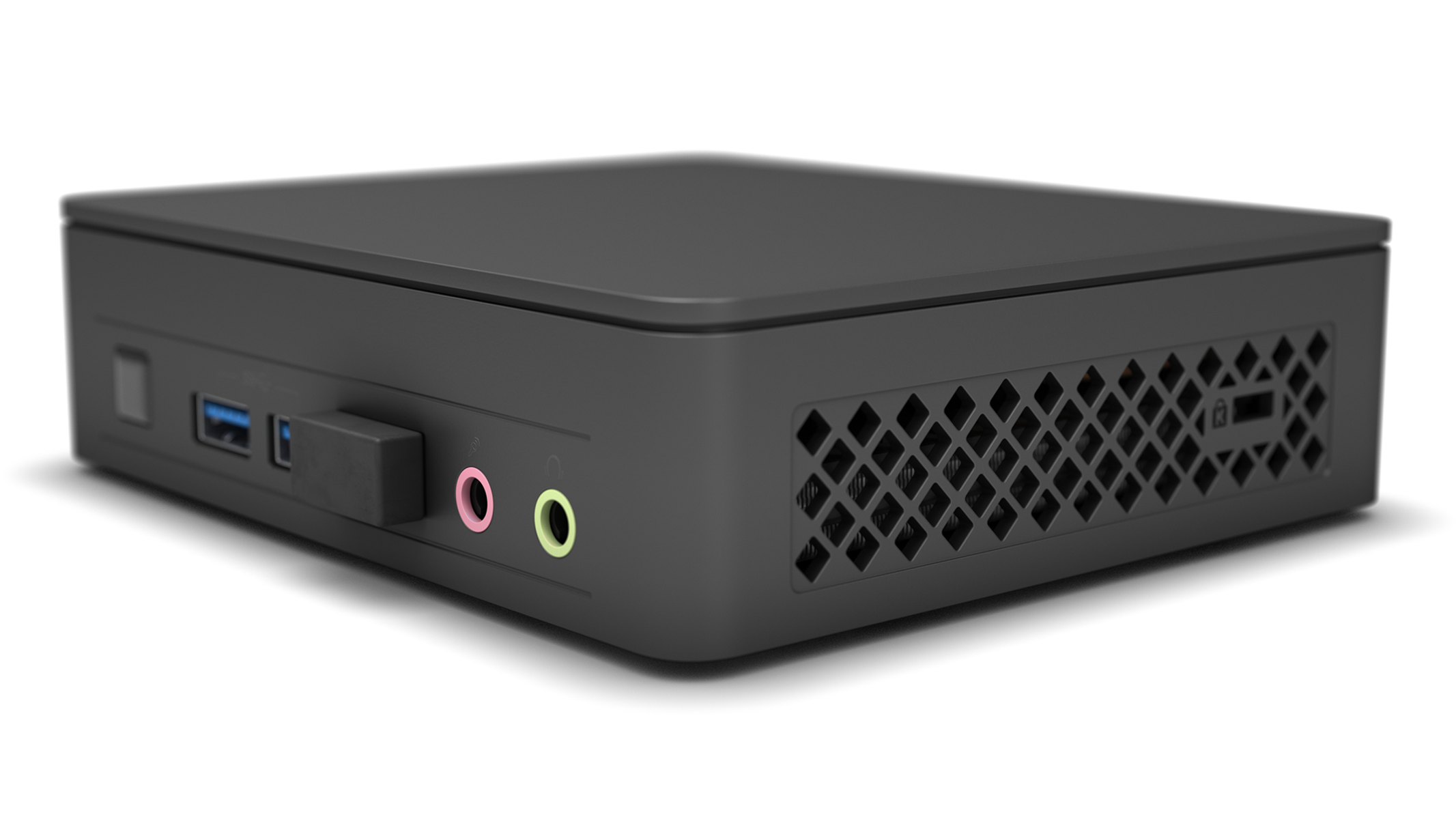 Kleiner schwarzer Computer mit Anschlüssen.